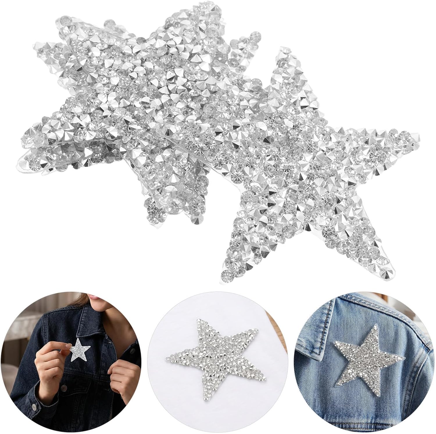 16pcs Silver Rhinestone Star Iron on Patches for Bags