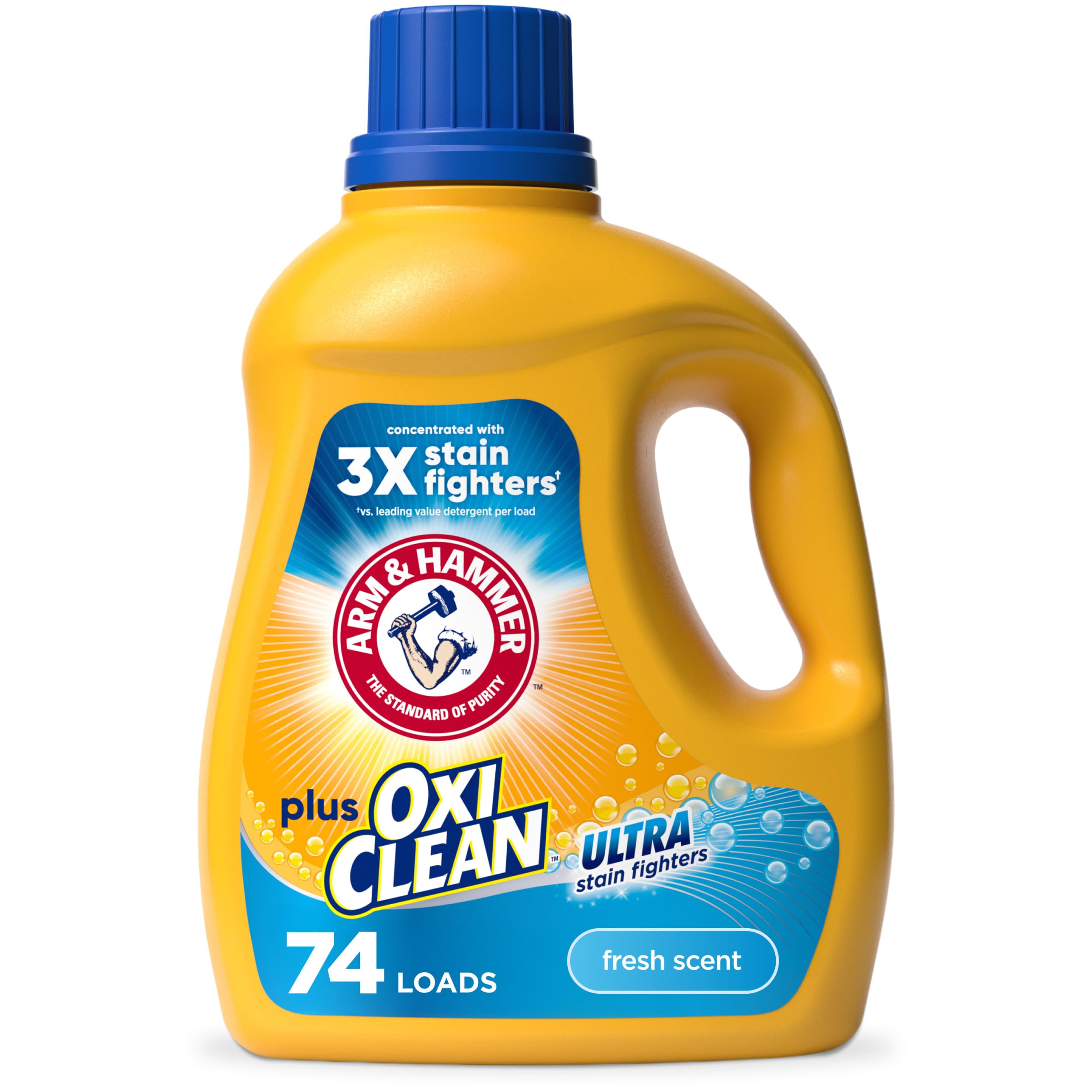 ARM & HAMMER Plus OxiClean Ultra Stain Fighters Liquid Laundry Detergent, Stain Remover for Clothes, Fresh Scent, 74 Loads, 96.2 Fl Oz