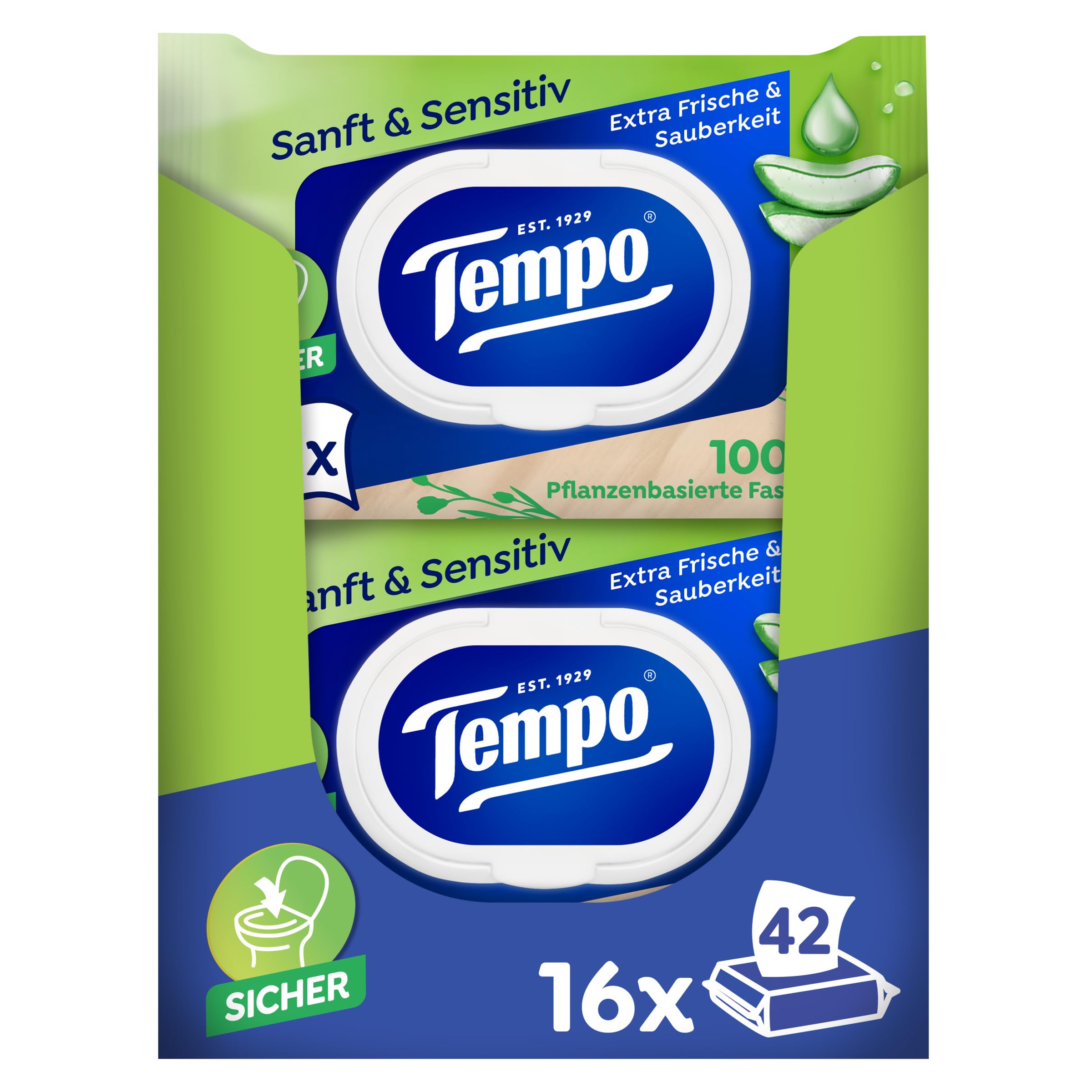 Tempo Wilgotne chusteczki toaletowe "Sanft & Sensitiv" – duży pakiet – 16 opakowań po 42 chusteczek – z naturalnym aloesem – wilgotny papier toaletowy, testowany dermatologicznie i neutralne pH