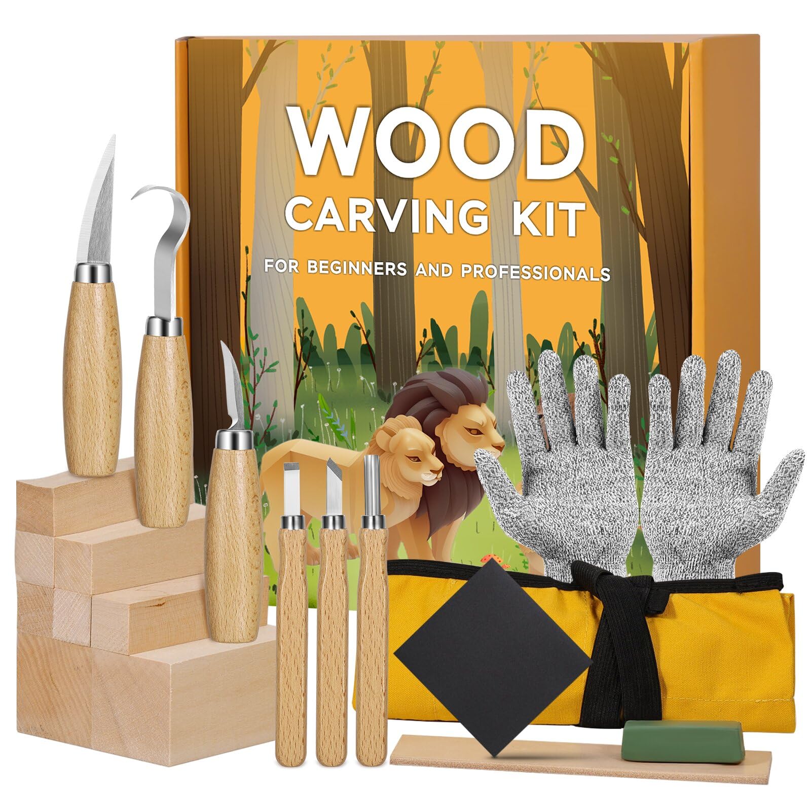 19 en 1 Kit Sculpture Bois, Outils Sculpture Bois avec 8 Blocs de Sculpture en Tilleul, 6 Couteau Sculpture Bois pour Débutants Professionnels Sculpteurs, Gants Résistants aux Coupures, Sac Léger