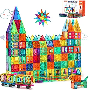 Magnetic Tiles Building Blocks, Magnet Toys for Kids, STEM Approved Educational Toys,3D Magnet Puzzles Stacking Blocks for Boys Girls,100 PCS Advanced Set with 2 Cars…
