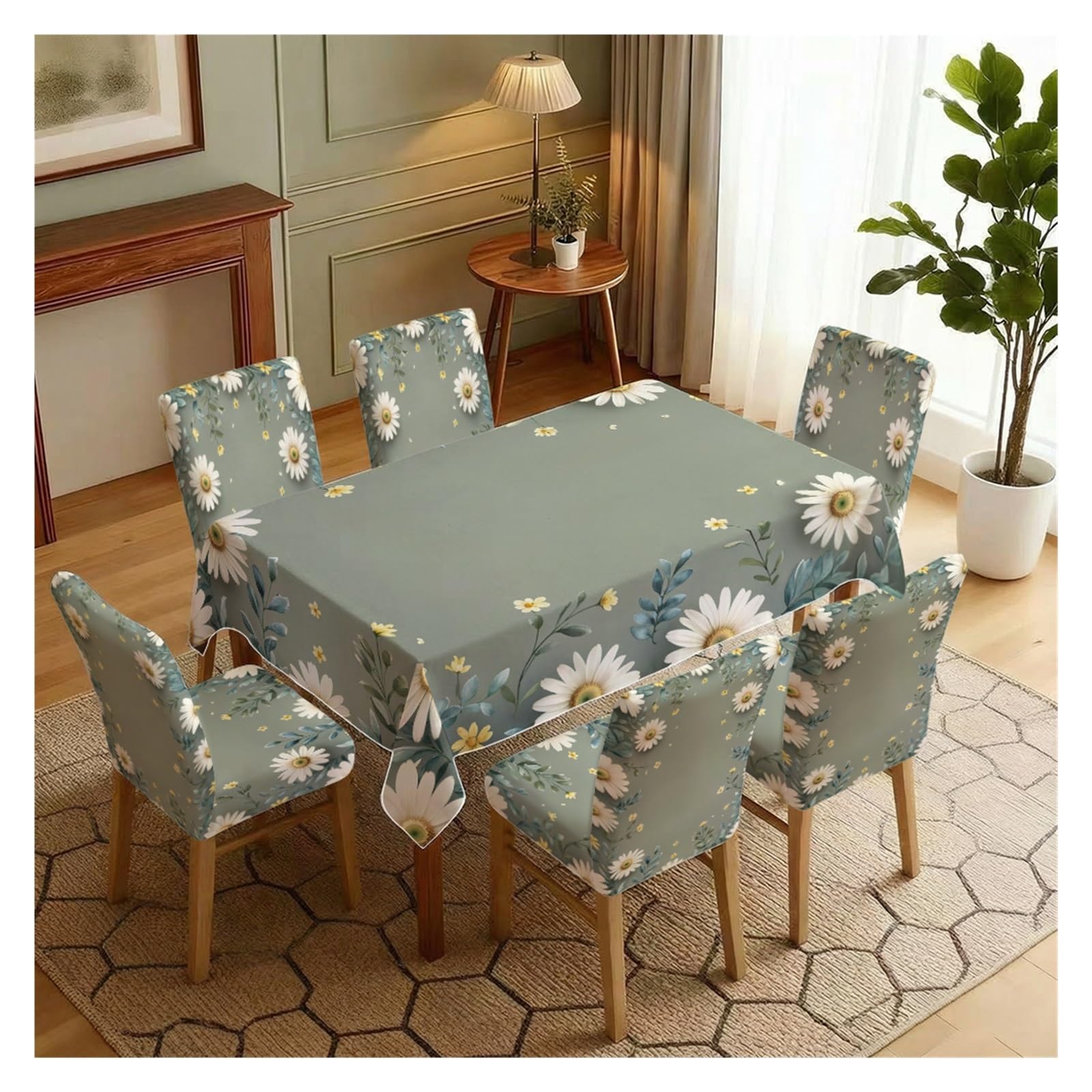 KXUAUV Sage Green White Daisy Floral Dining Tablecloth & Chair Covers Set, 5/7 Piece Soft Neutral Cottage Farmhouse Dining Decor Party Decor(7pcs Set: Tablecloth+Chair Covers)