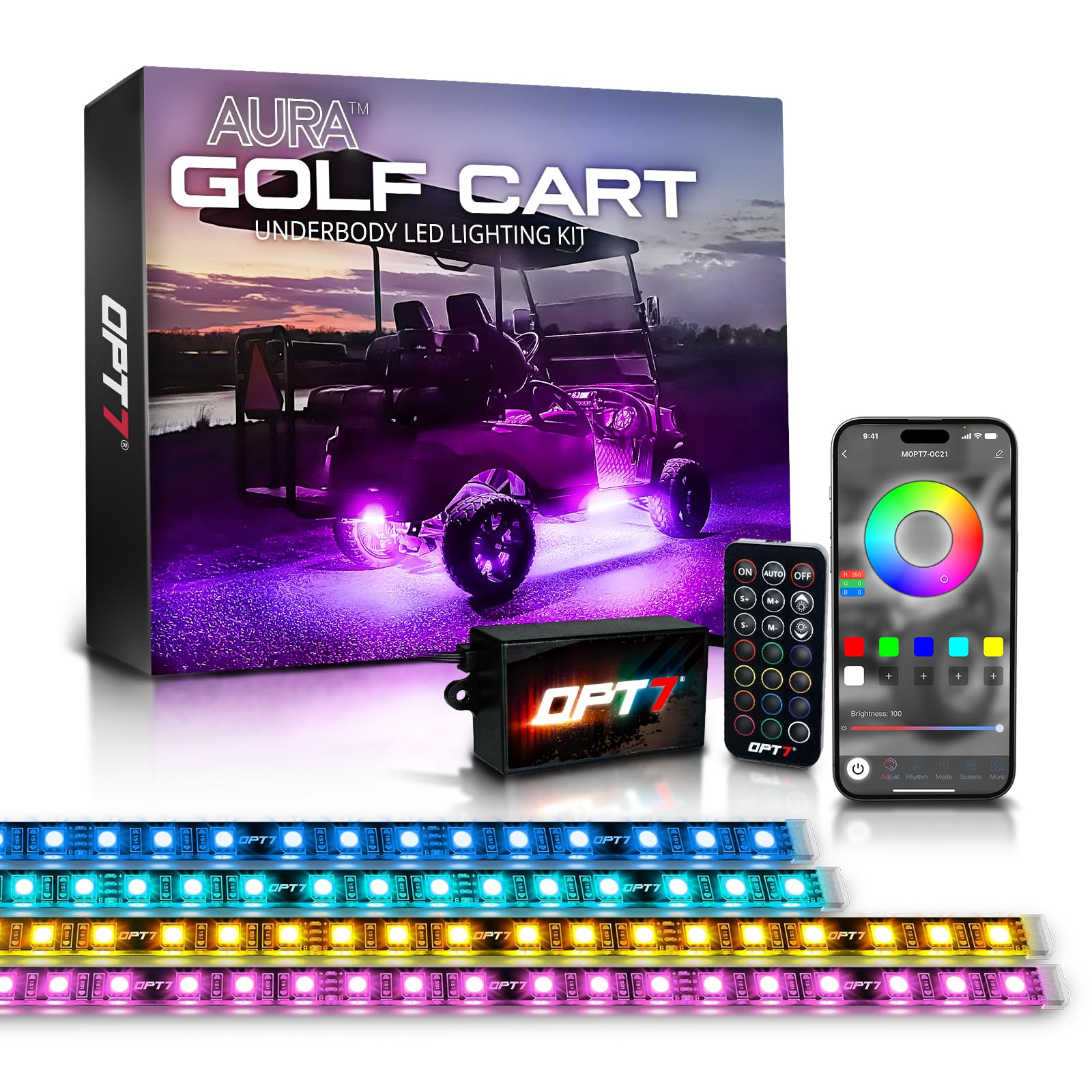 OPT7Aura Golf Cart Underglow LED Light Strips with App & Remote Control, 4PC RGB Multi-Color Music Sync Decor Accessories, Waterproof Exterior Neon Accent Lighting Kit for EZGO Yamaha Club Car, 12V