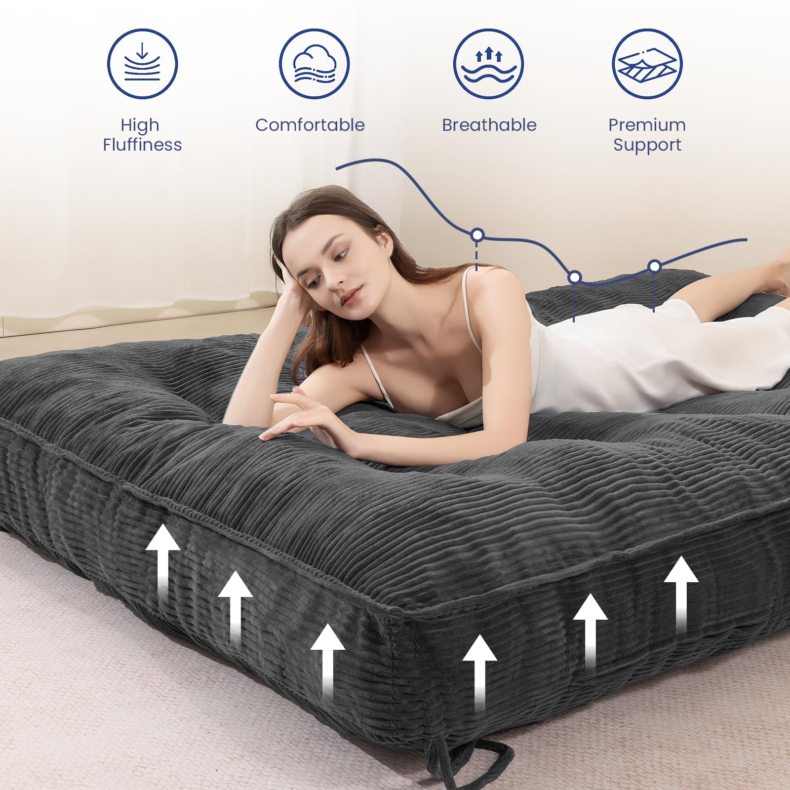JUIKURY 8" Futon Mattress Full Size, Thick Futons Sofa Couch Bed Sleeper Sofa Bed, Floor Mattress for Adults, Roll Up Folding Mattres Shredded Foam Filling, Medium Firm(Frame Not Included)