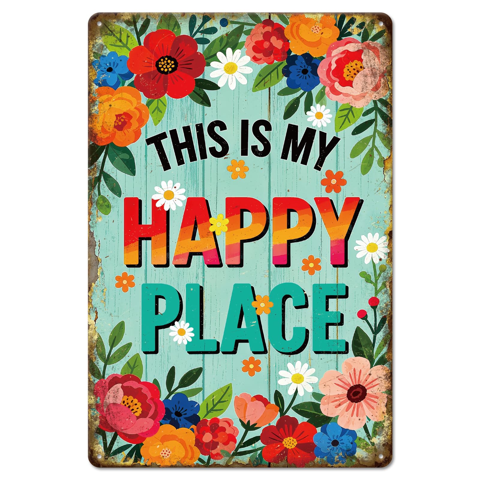 GLOBLELAND Vintage Florals Metal Tin Sign 12x8 inch Funny Bohemian Style Tin Signs Decor Retro Happy Place Metal Wall Plaque for Home Room Farmhouse Cafes Office Store Bar Kitchen Garden Decor — image 1