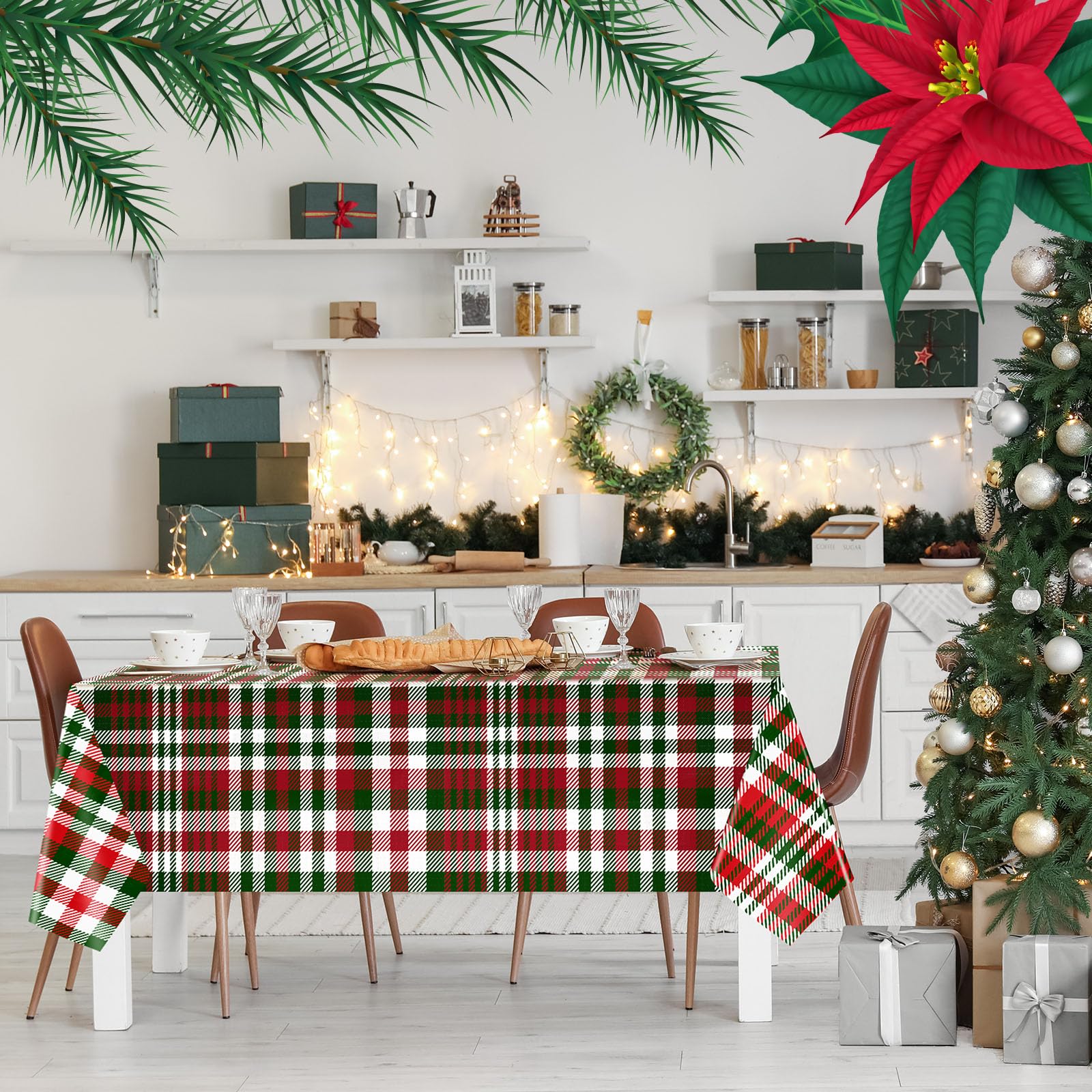 Panelee Mantel de plástico a cuadros de búfalo de Navidad de 54 x 108 pulgadas, decoración de mesa rectangular de Navidad, suministros de decoración de boda (fresco, 6 piezas)