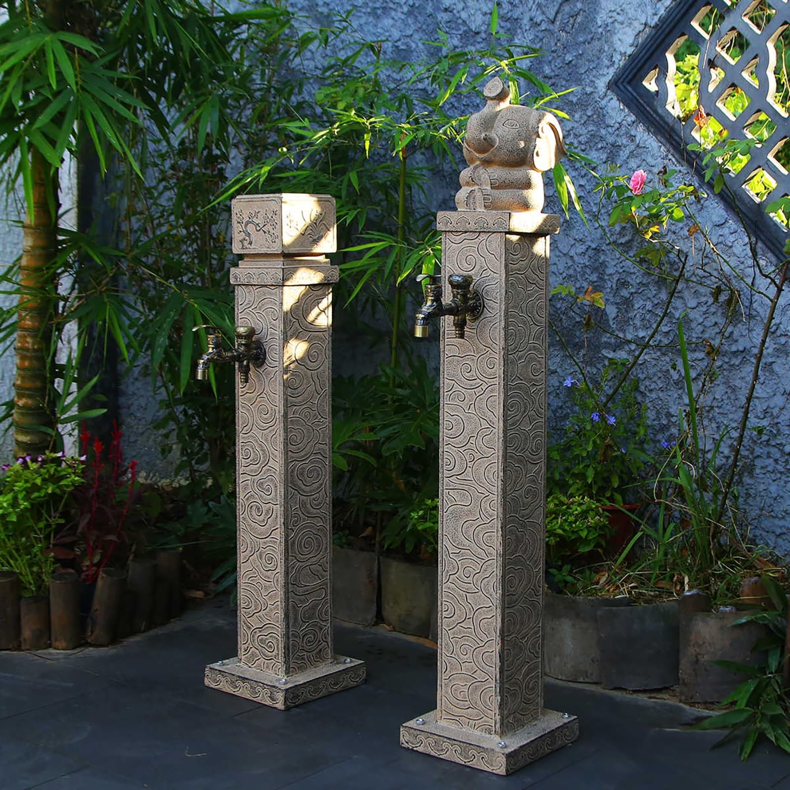 Generico Fontana a Colonna autoportante per Esterni con Doppio Rubinetto - Idrante Decorativo da Giardino per irrigazione e innaffiatura - Elegante Elemento Decorativo da Giardino Grigio da 60 cm