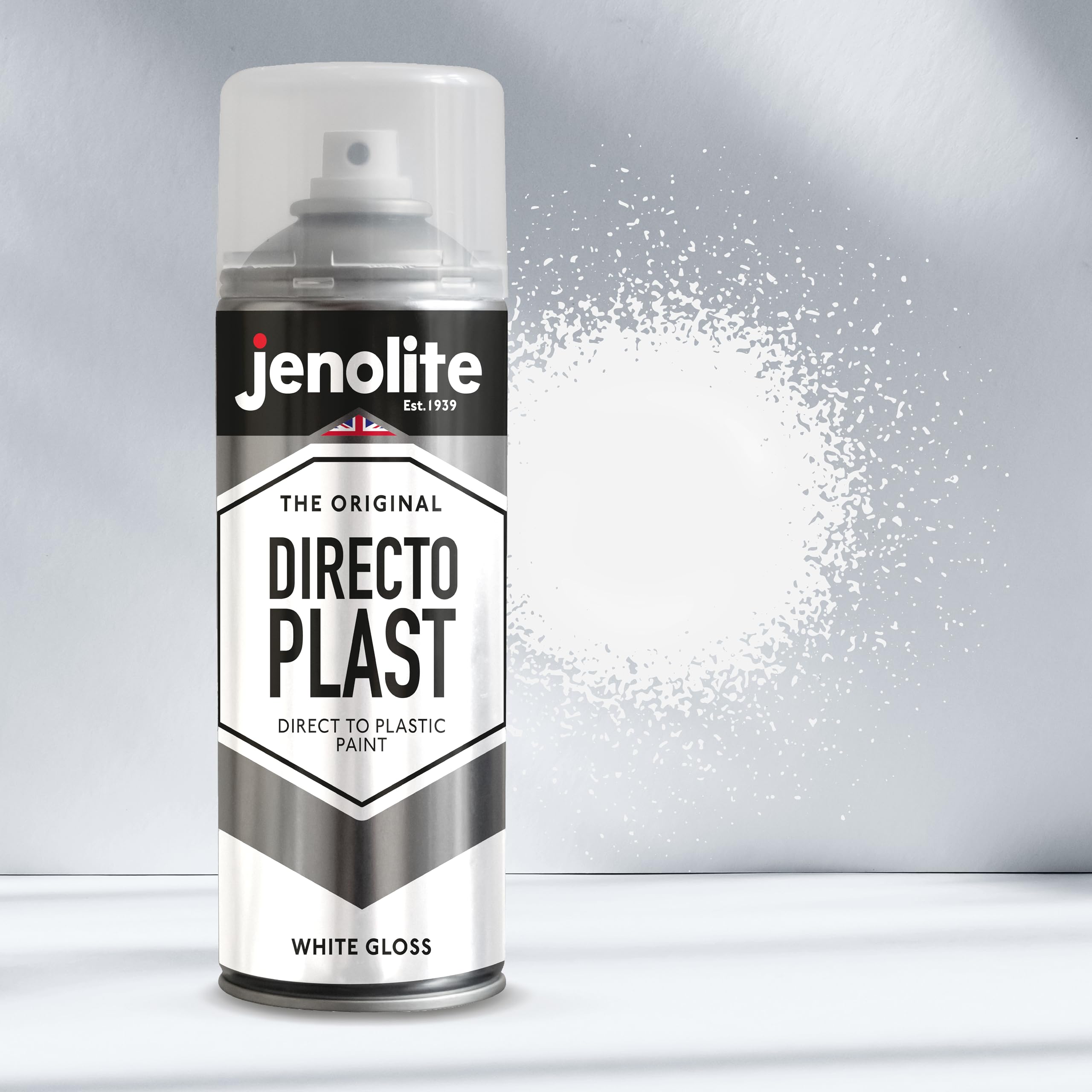 JENOLITE Directoplast farba błyszcząca, biała, farba w sprayu do wszystkich rodzajów tworzyw sztucznych, bez podkładu, 400 ml, RAL 9016