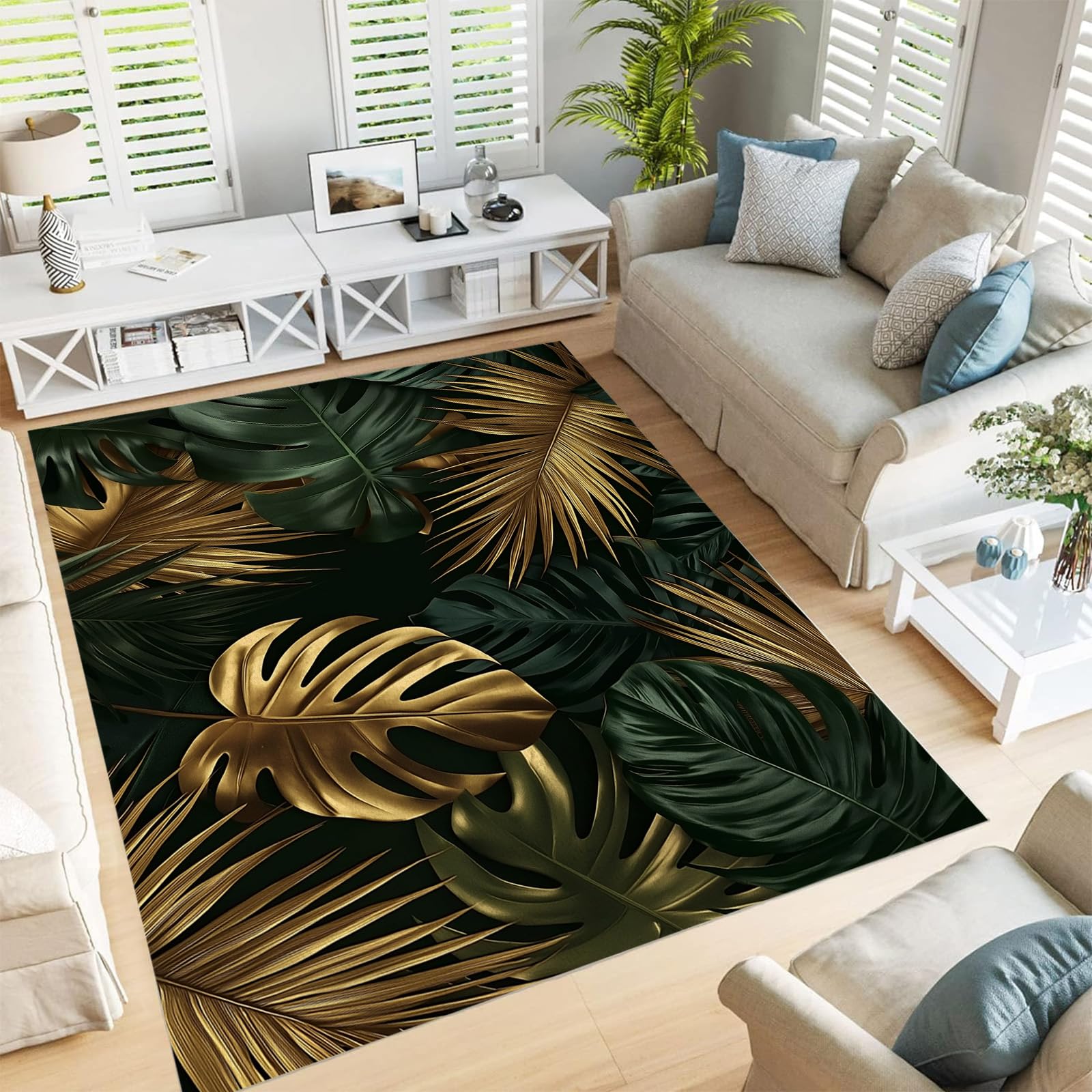 Tapis de salon lavable grand format 240x300cm motif monstera antidérapant vintage