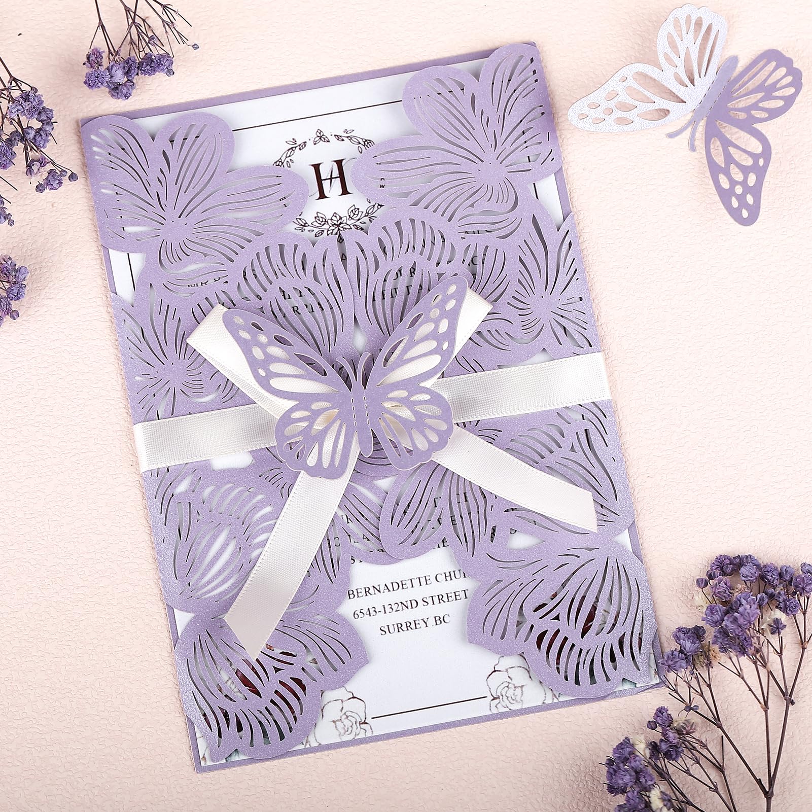 50Pcs Light Purple Wedding Invitations with Envelopes and RSVP Cards Laser Cut Hollow Butterfly Personalized Invitation Pockets with Ribbons for