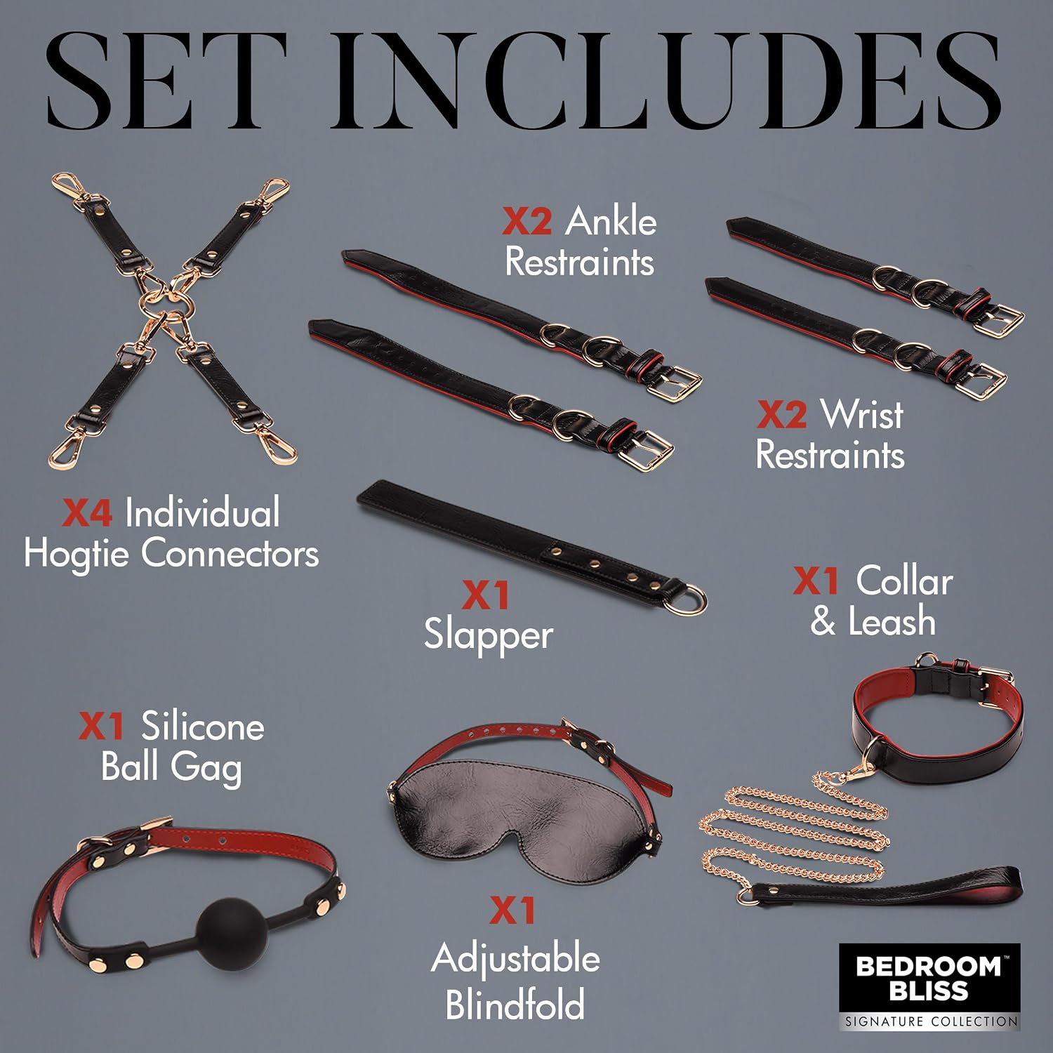Bedroom Bliss Lover's Deluxe Bondage Set for Men, Women & Couples. Full Set Includes Ball Gag, Blindfold, Collar, Leash, Wrists and Ankle Cuffs, Flexible Slapper, Hogtie Connectors. 10 Pieces, Black