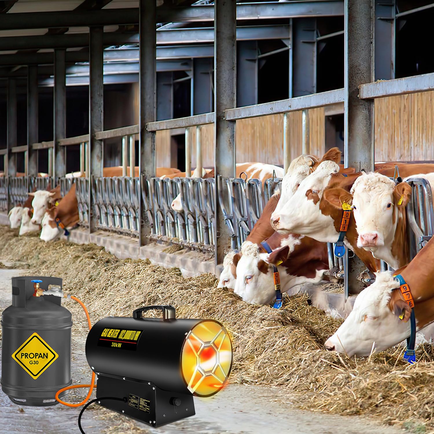 Ikodm Chauffage à gaz pour intérieur 30 kW 220 V Chauffage à gaz soufflant au gaz propane 650 m³/h Débit d'air avec tuyau de gaz de 1,2 m et soupape de réduction de pression 700 mbar
