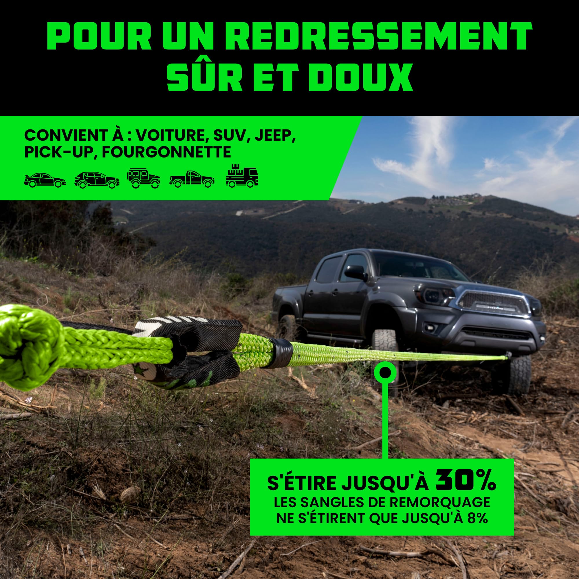 Rhino USA Kit de Récupération de Corde Cinétique 13,000 kg - 2.2 cm x 9 m - Sangle Remorquage Voiture Tout-Terrain avec 2 Manille Treuil 4x4 pour UTV ATV LKW Tracteur Camion Quad - Vert