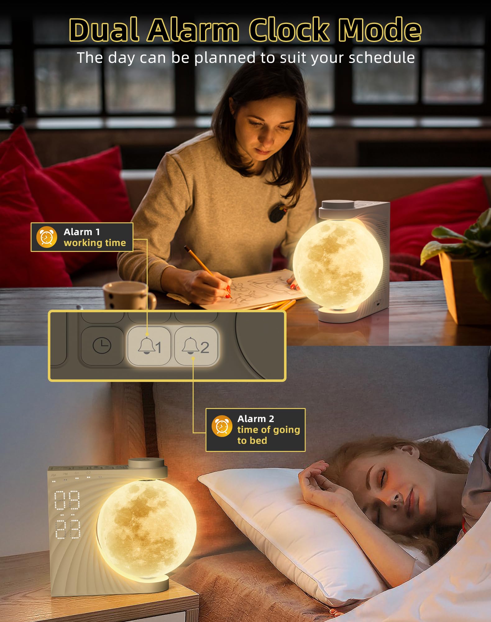 Lampa księżycowa z budzikiem, Obrotowy budzik świetlny, Księżycowy budzik obrotowy, 10 kojących dźwięków z kolorowym trybem oświetlenia,Podwójne alarmy, Funkcja drzemki, Światło budzenia