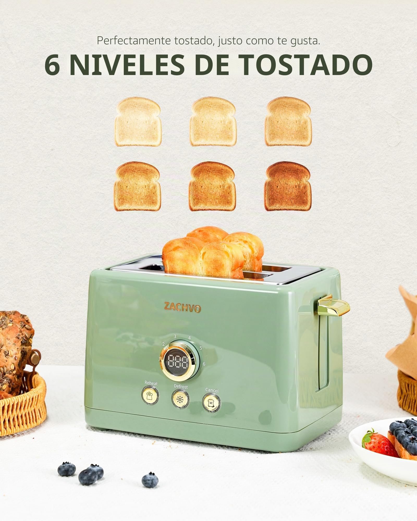 Tostadora Pan - 2 Rebanadas, 6 Niveles de Dorado, Ranura Ancha, Rejilla Calefactora, Verde
