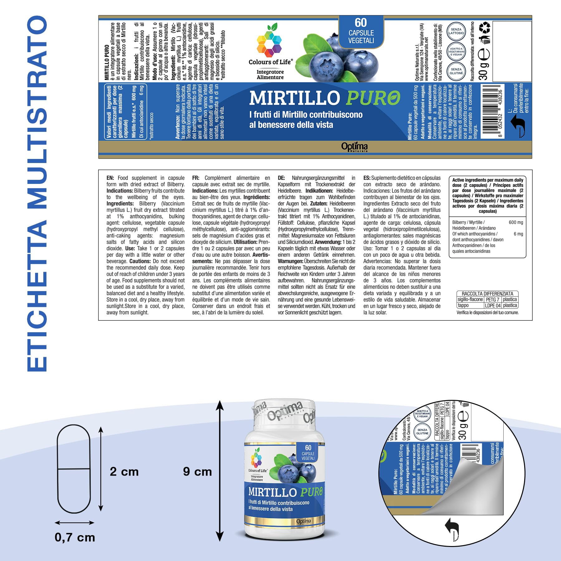 Colours of Life Mirtillo Puro - Integratore Mirtillo nero per il benessere della vista - Microcircolo e capacità visiva - Senza Glutine e Vegano, 60 capsule vegetali