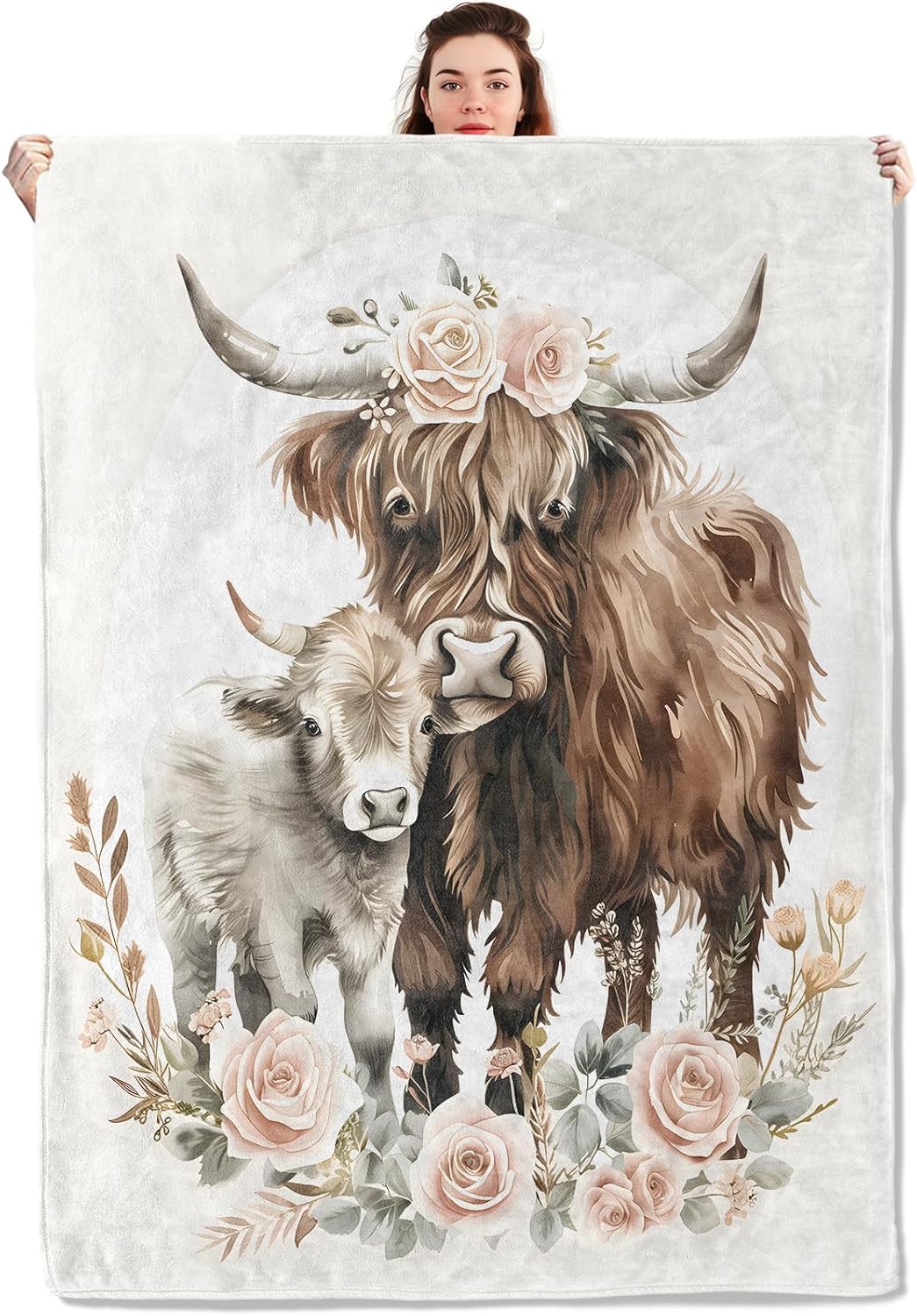 Highland Cow Floral Blanket Lightweight Blankets Gifts for Animal Lover Flannel Throw with Farmhouse and Flower Printed for Sofa, Bed, Travel, Picnic, Camping, Office, Decor Throws 60x50 Inch