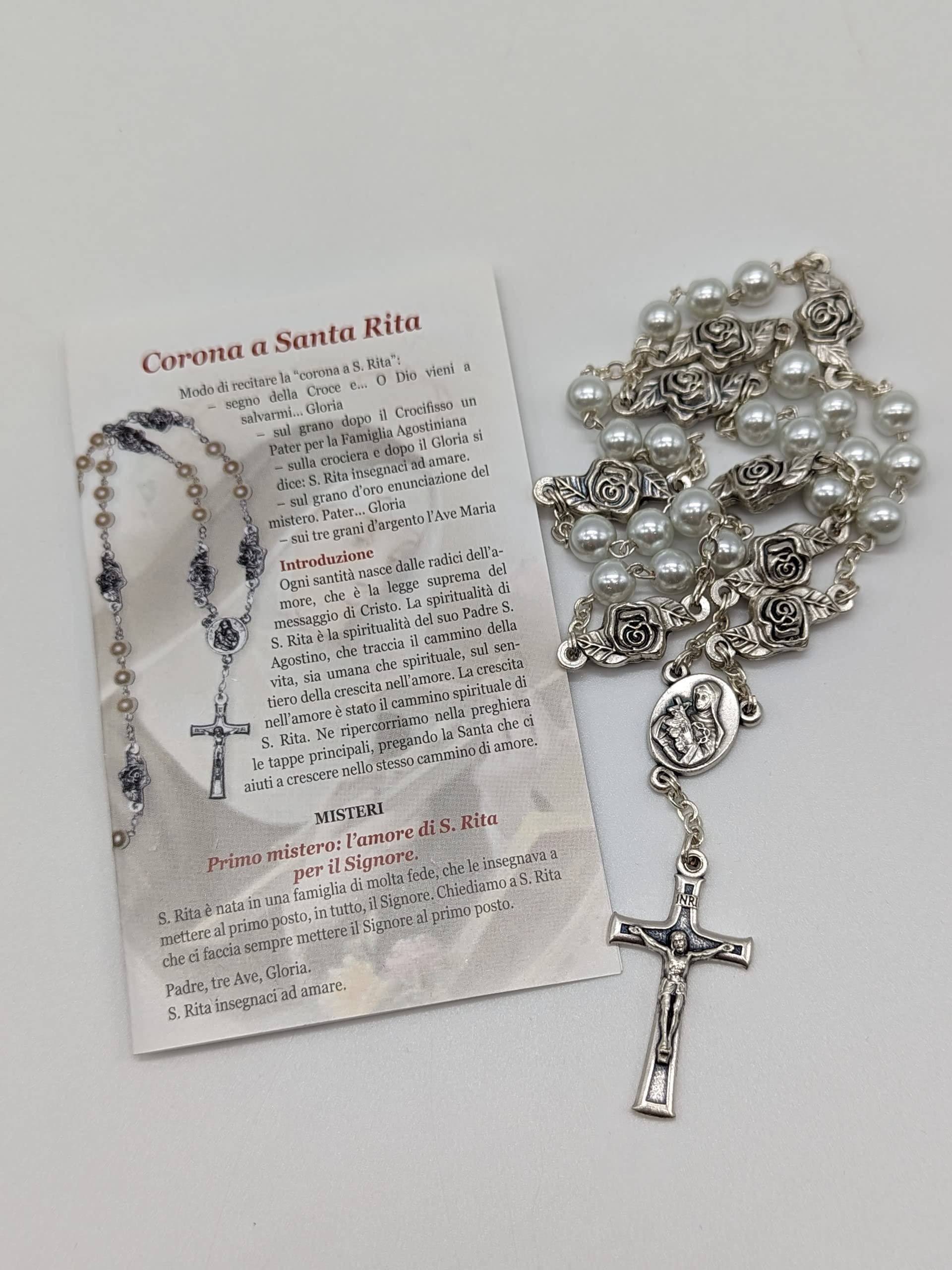 OVUNQUE PROTEGGIMI Rosario di Santa Rita da Cascia in Simil Perla Lungo cm 32 (12.59'') e Preghiera. Coroncina di Santa Rita. Rosary Chaplet of Saint Rita (Pater con Rosa)