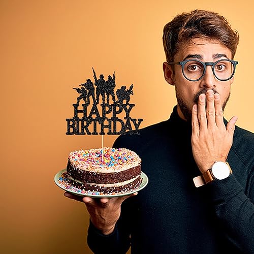 Miniatura 4 de Decoración para tartas de cumpleaños con purpurina negra, temática militar de soldado, decoración de pastel de feliz cumpleaños, fiesta militar de