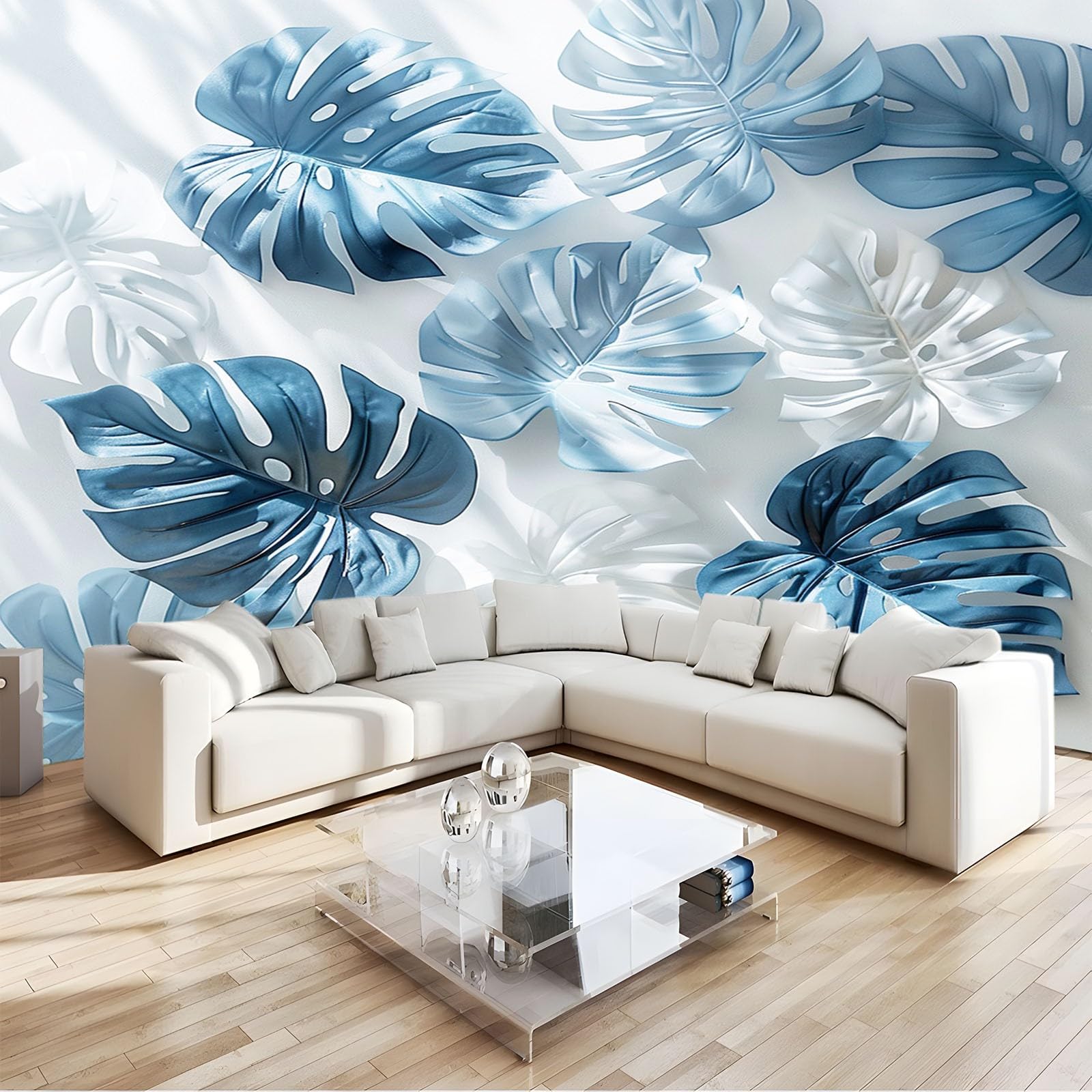Fototapeta monstera liście niebieskie tapety murale na ściany, dzieci sypialnia przedszkole mural ścienny dekoracja ścienna papier plakat szer. 400 x wys. 280 cm