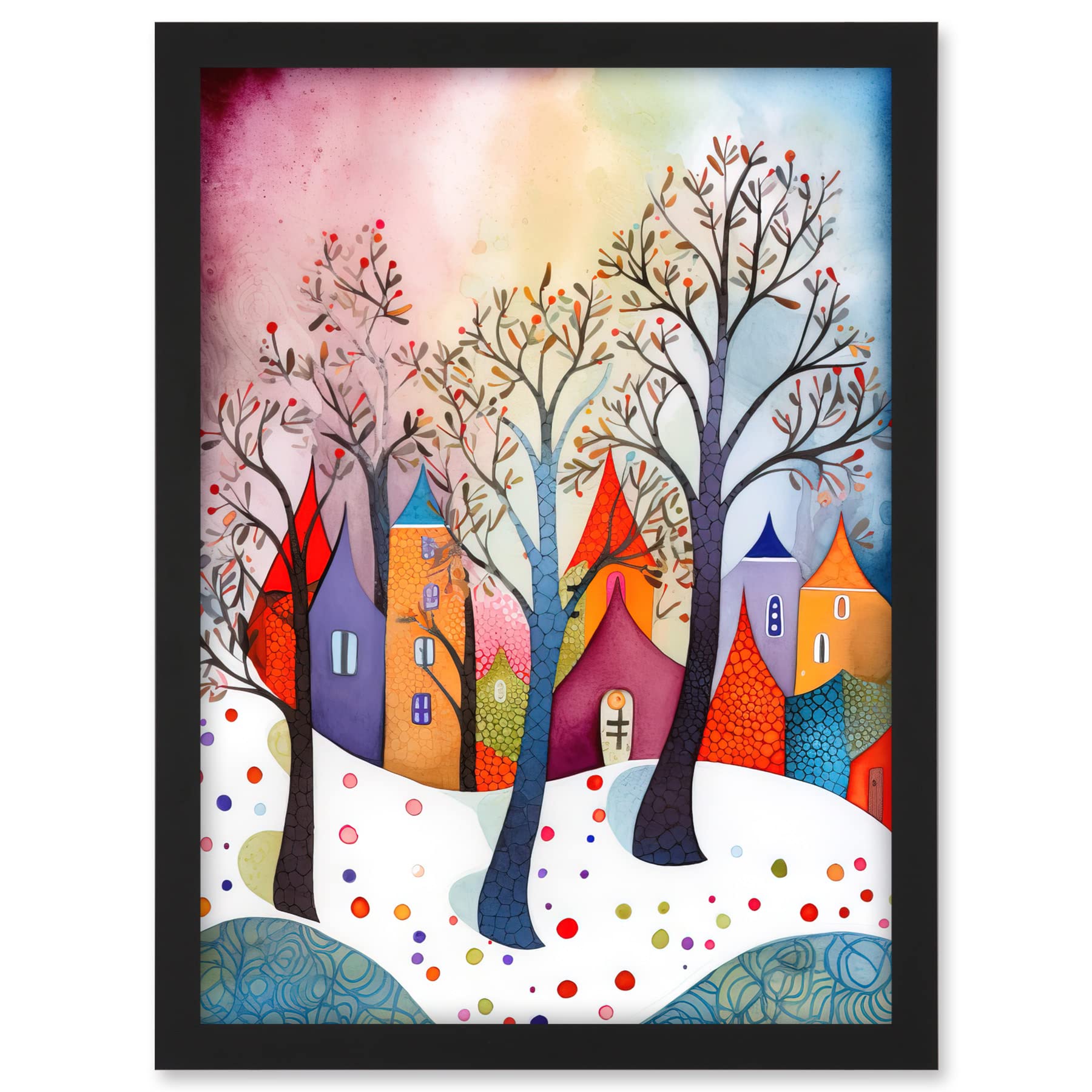 Artery8 Winter Whimsy Forest Village Folk Art Artwork Framed A3 Wall Art Print