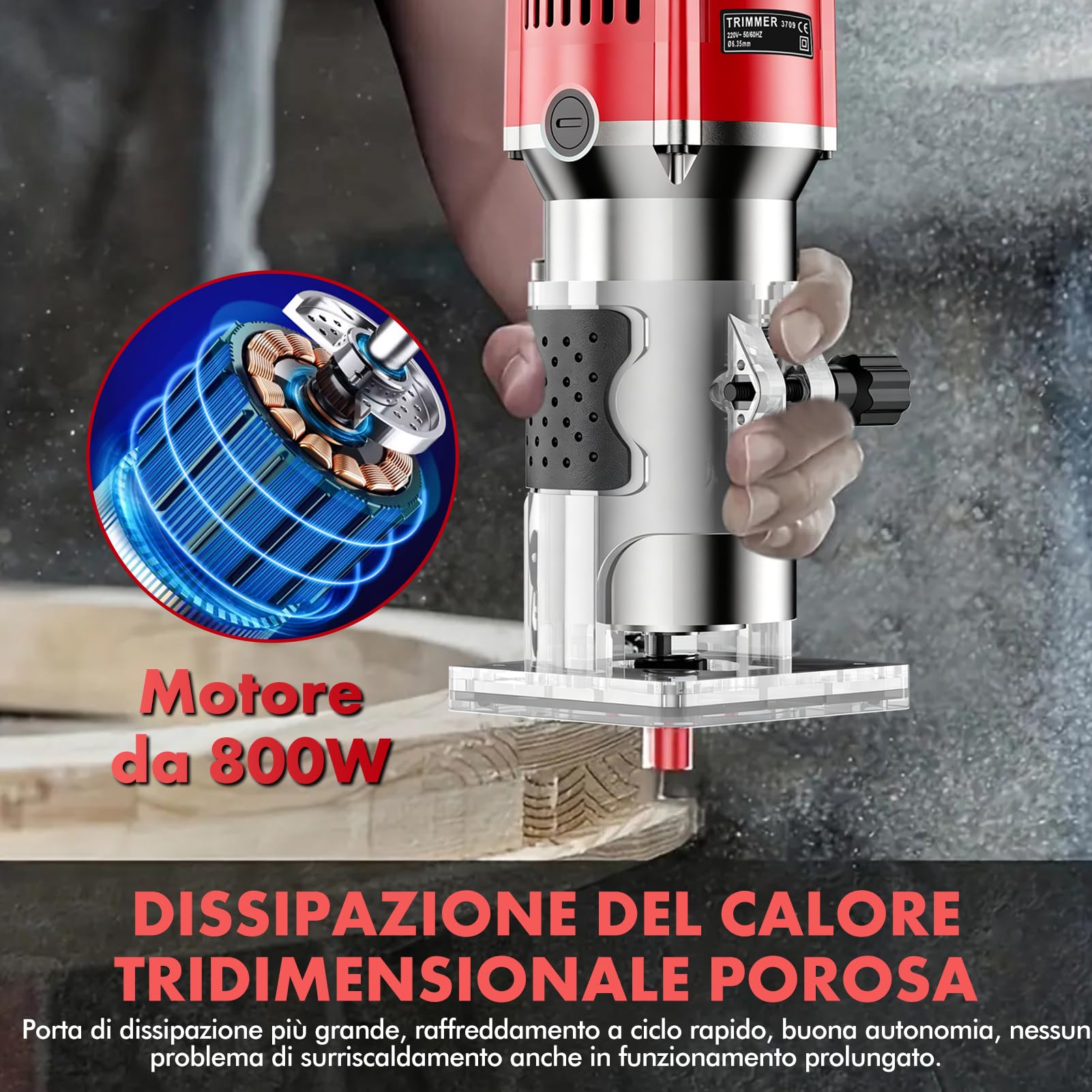 Fresa Elettrica per Legno 800W, Fresatrice Manuale 30000 Giri/min con Guida a Rullo e Guida Lineare, Rifilatore per Legno con Pinza 6,35mm, Fresa per Scanalature Bordi Profili e Incisioni