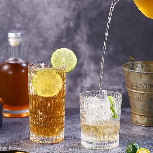 Miniatura 4 de Glassware - Juego de 8 vasos altos de 14 onzas y vasos de vidrio acanalado de 10 onzas, cristalería vintage para agua, jugo, cóctel, whisky