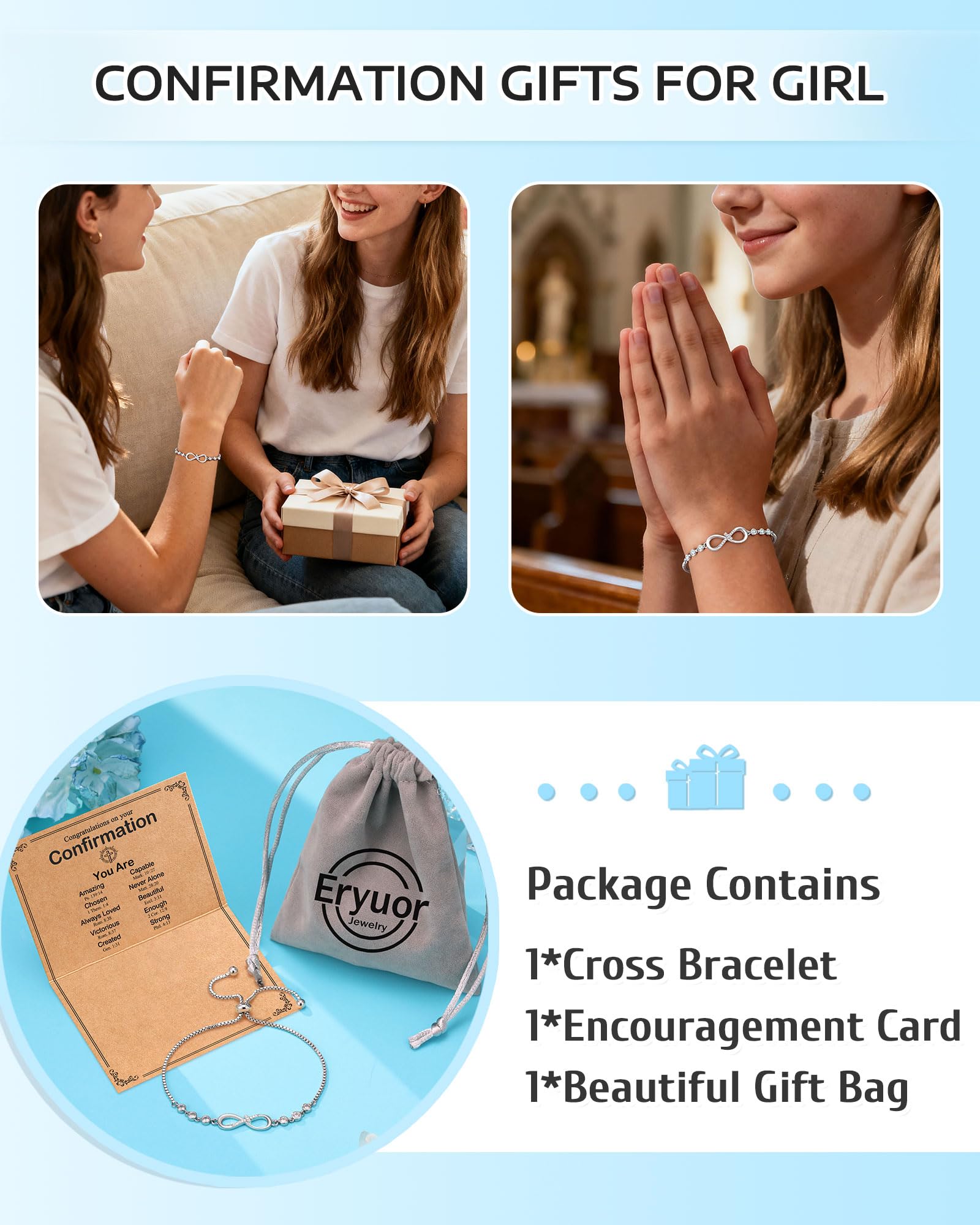 Eryuor Confirmation Baptism Gifts-Love is Forever Infinity Cross Bracelet Christian Gifts for Women Teens
