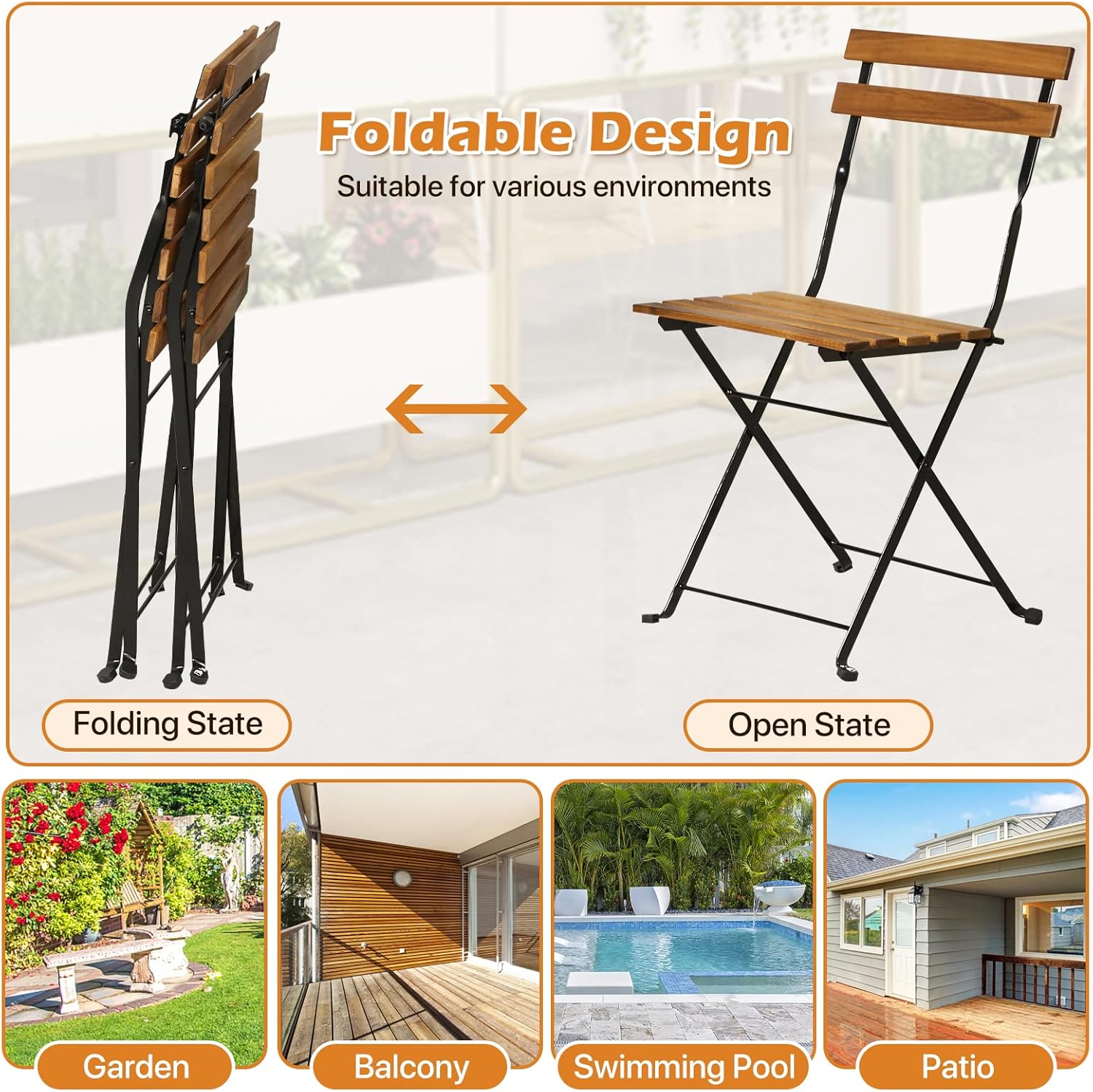 Dkelincs 3-Piece Patio Bistro Set Outdoor Furniture Sets Folding Bistro Table and Chairs Set of 2 Weather-Resistant Wood Small Table and Chairs for Front Porch, Garden, Pool, Deck, Backyard, Nature
