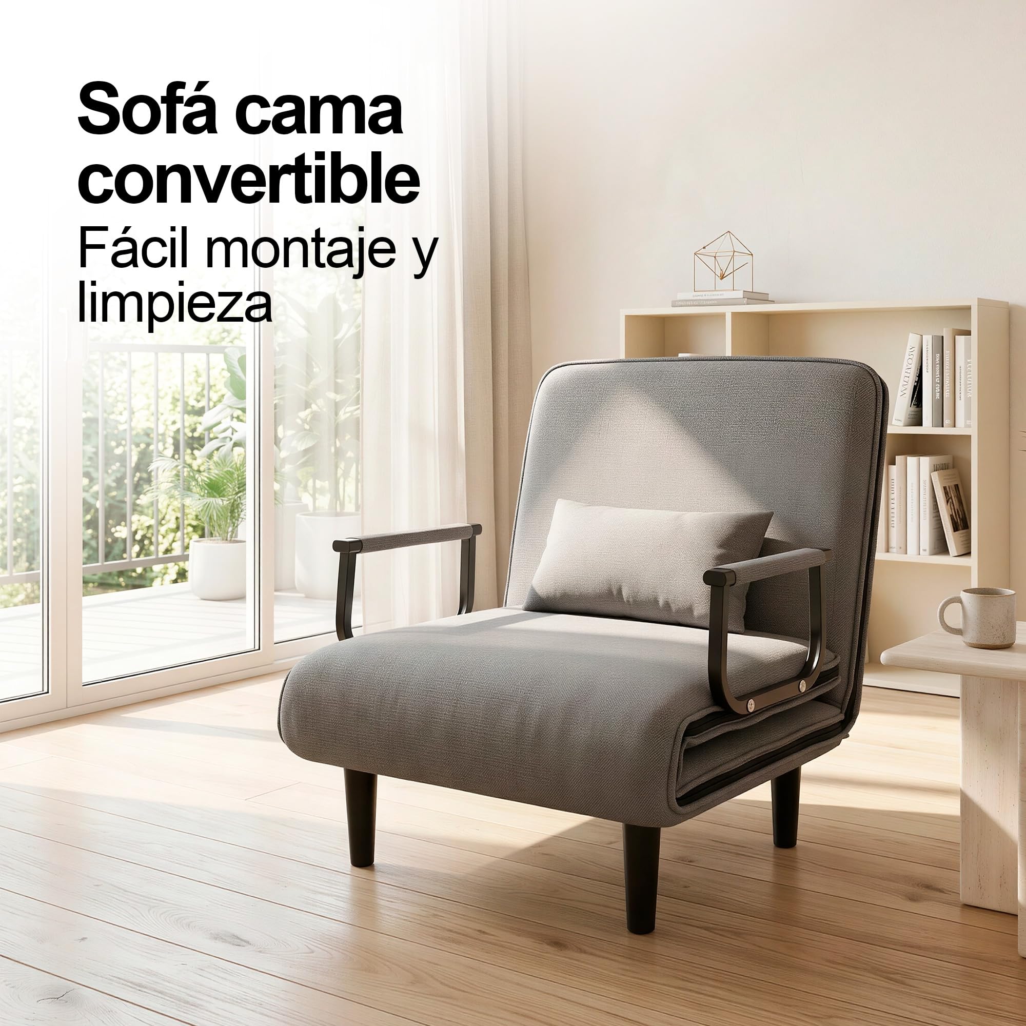 Unicview Sillón Sofá Cama Convertible 3 en 1, Sofá Reclinable, Sofá Individual Que se Convierte en Cama 190 cm Largo 65 cm Ancho, con Reposabrazos y Cojín, Ideal para Salón o Invitados, Gris