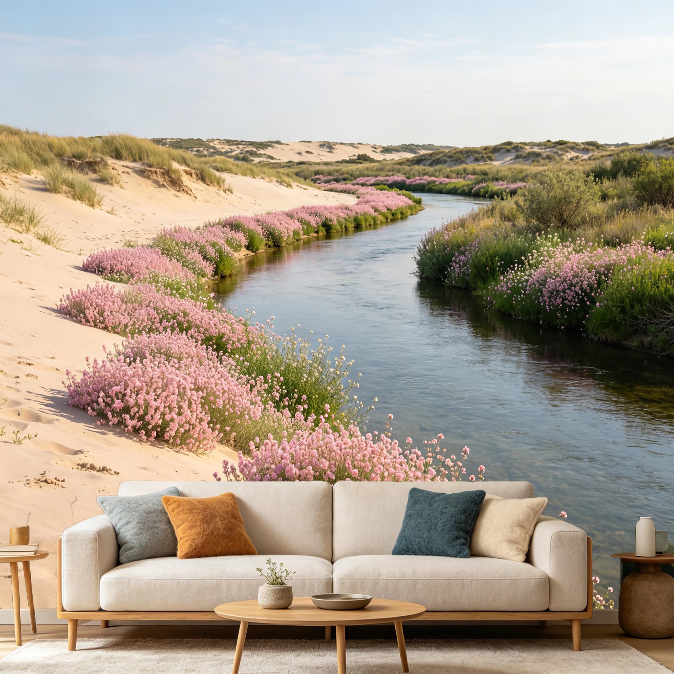 Custom Size Wall Mural Coastal Landscape Pink Flower River Sand Dune Nature View SelfAdhesive Art Prints wall Fabric（No PVC） Removable Wallpaper Home Bedroom Decor