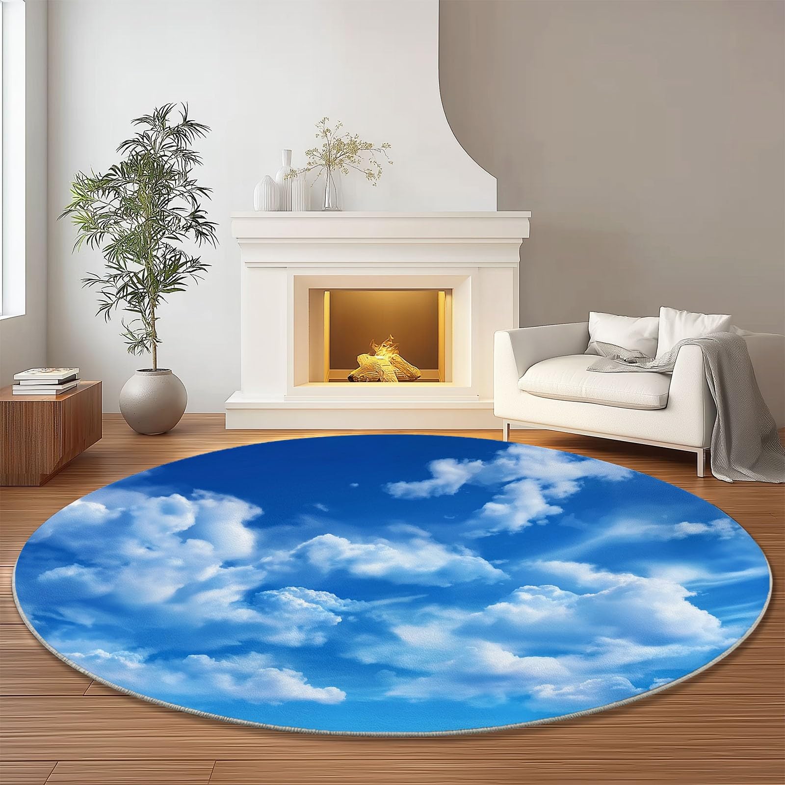 Tappeto Rotondo Fotografia Stile 90cm, Morbido Antiscivolo Lavabile Salotto Passatoia Realismo Cielo Azzurro Nuvole Bianche Tappeto Stampato per Bambini Cameretta Cucina Casa Zona Balcone Blue