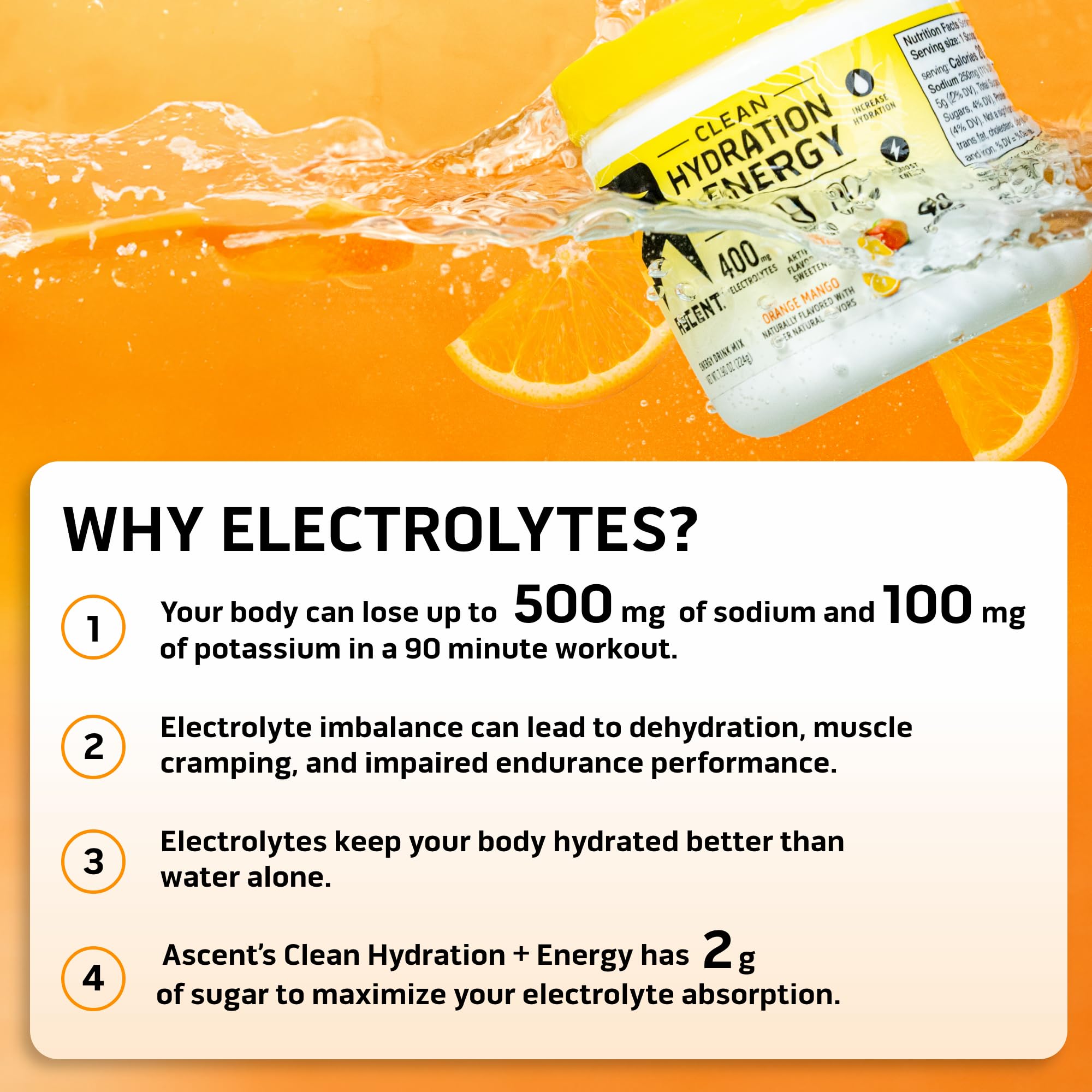 Ascent Clean Hydration + Energy Electrolytes Powder - 100mg Caffeine, 400mg Electrolytes, No Artificial Ingredients, Orange Mango 40 Servings — Amazon image 5