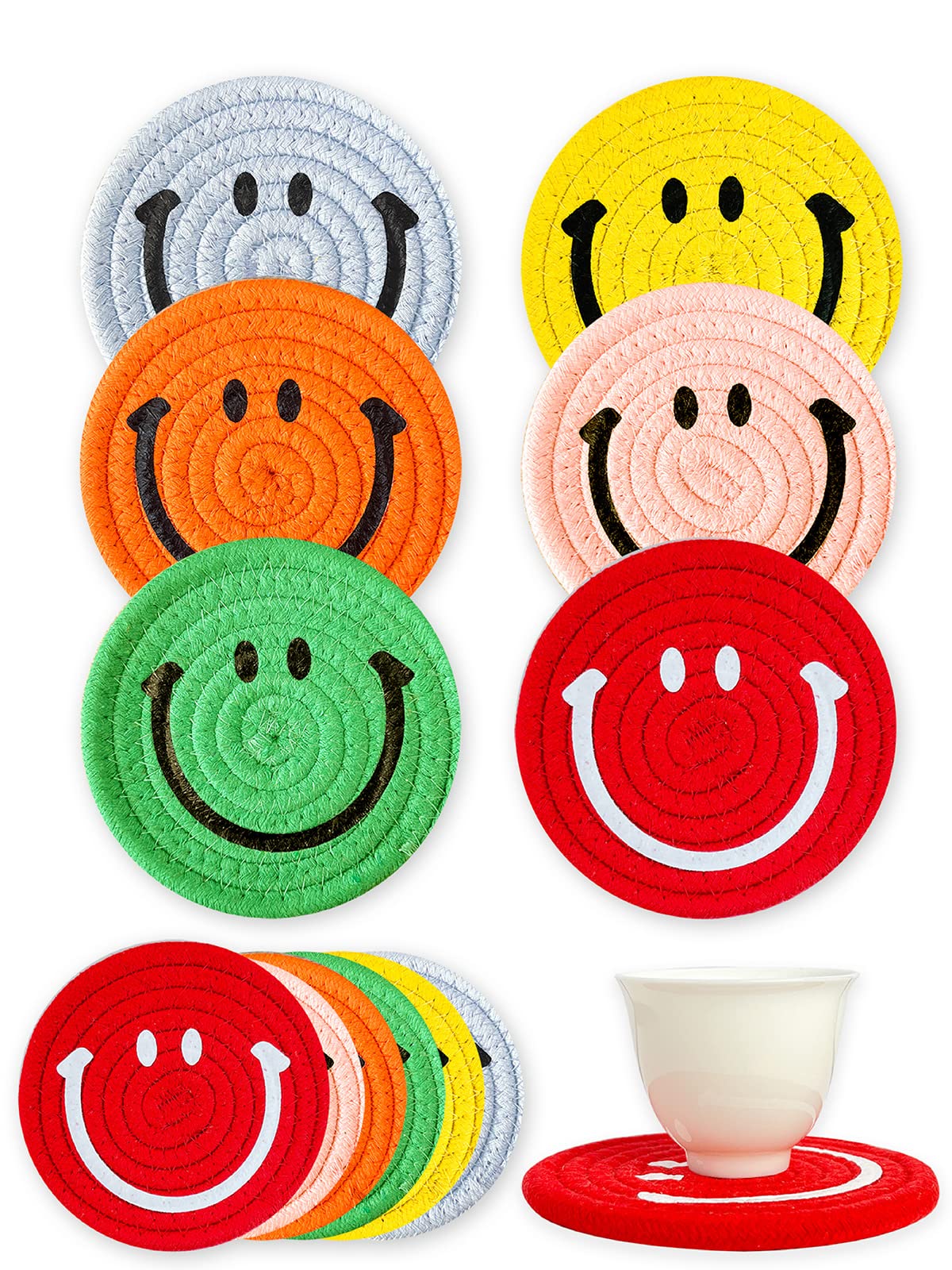 6PCS Funny Coasters for Drinks Absorbent, 4.72'' Woven Drink Coasters Set, Heat Resistant, Cute Smiley Coasters for Office Desk, Table Protection, Home Decor, Housewarming Gift, 6 Colors