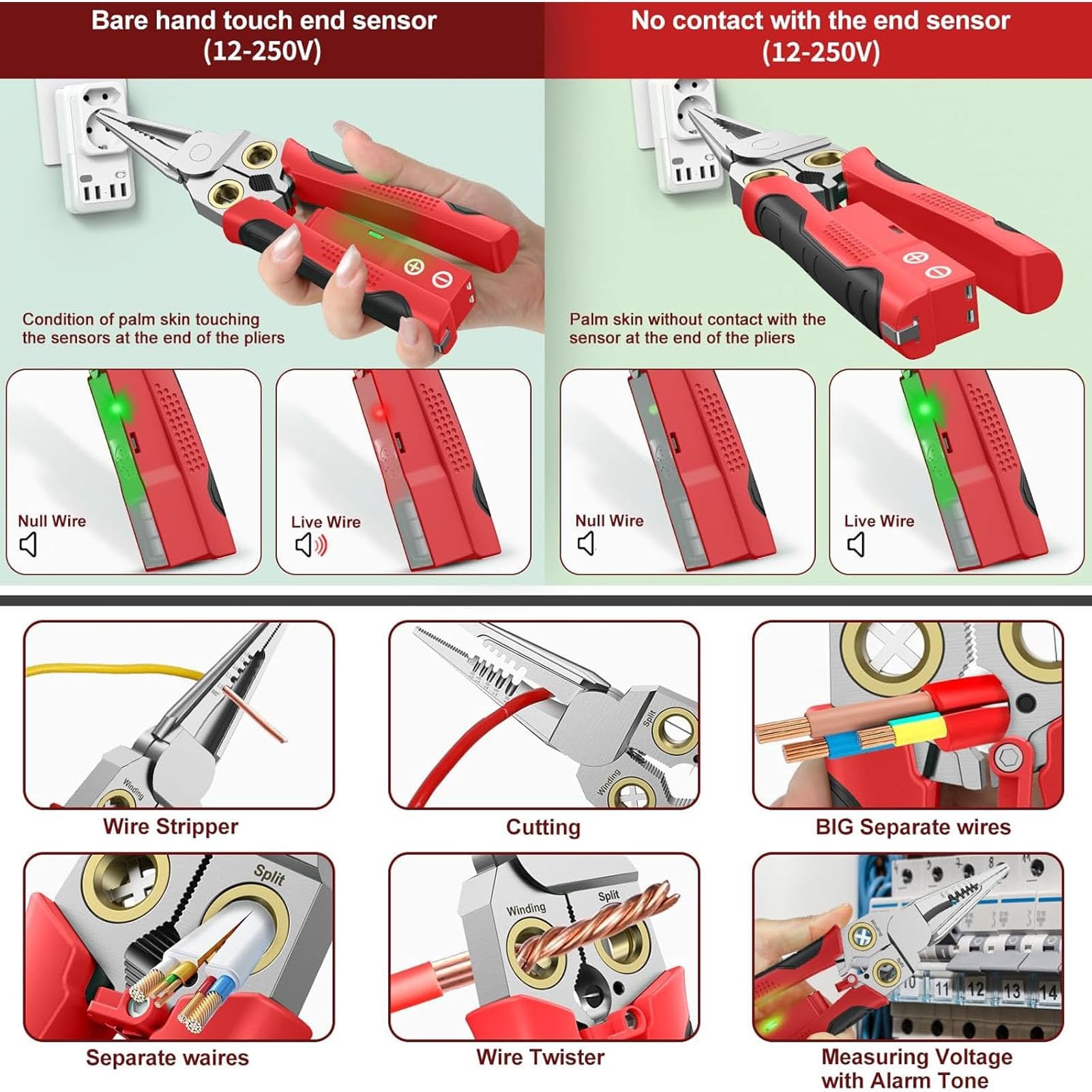 Pelacables 8 en 1 con probador de tensión, pinza eléctrica profesional multifuncional con cortacables y engarzado, herramientas de separación, pelado de cables (Verde)