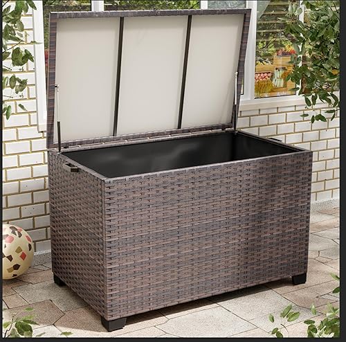 Kullavik Caja grande de mimbre para cubierta de 175 galones, banco de almacenamiento para exteriores con cubierta impermeable, mango ajustable para