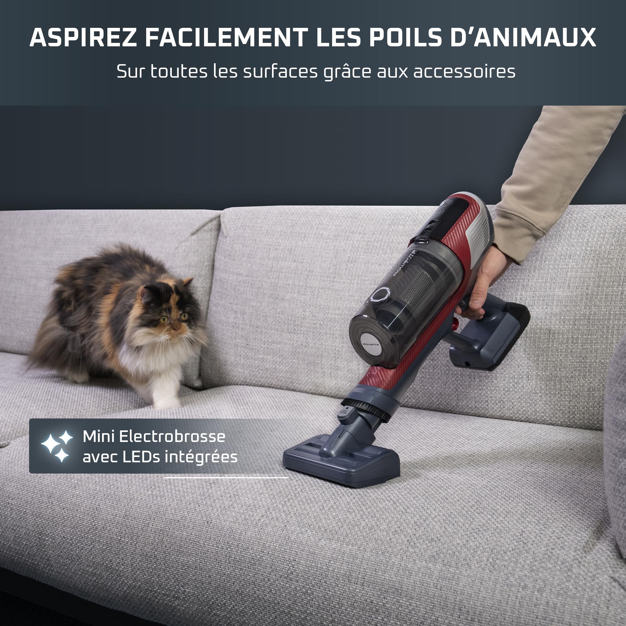 Rowenta X-Pert 6.60 Smart Aspirateur Balai sans fil, Tube Flex, Idéal pour les Poils D'animaux, Léger, Puissance 100W, Autonomie 45min, LED RH6471WO, Noir/Rouge