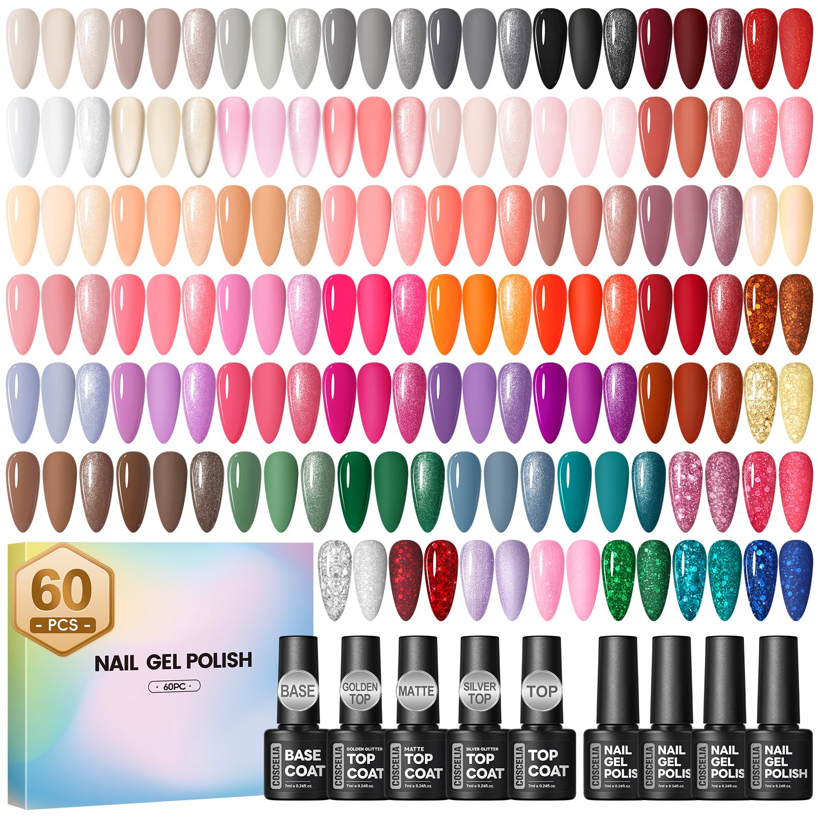 60PCS Summer Gel Nail Polish Starter Kit, 7ml 55 colors gel polish with 5pcs Top Base Coat Pink White Red Nude Green Blue Glitter Colors Nail Polish Set Manicure Nail Art Kit DIY Gifts for Women