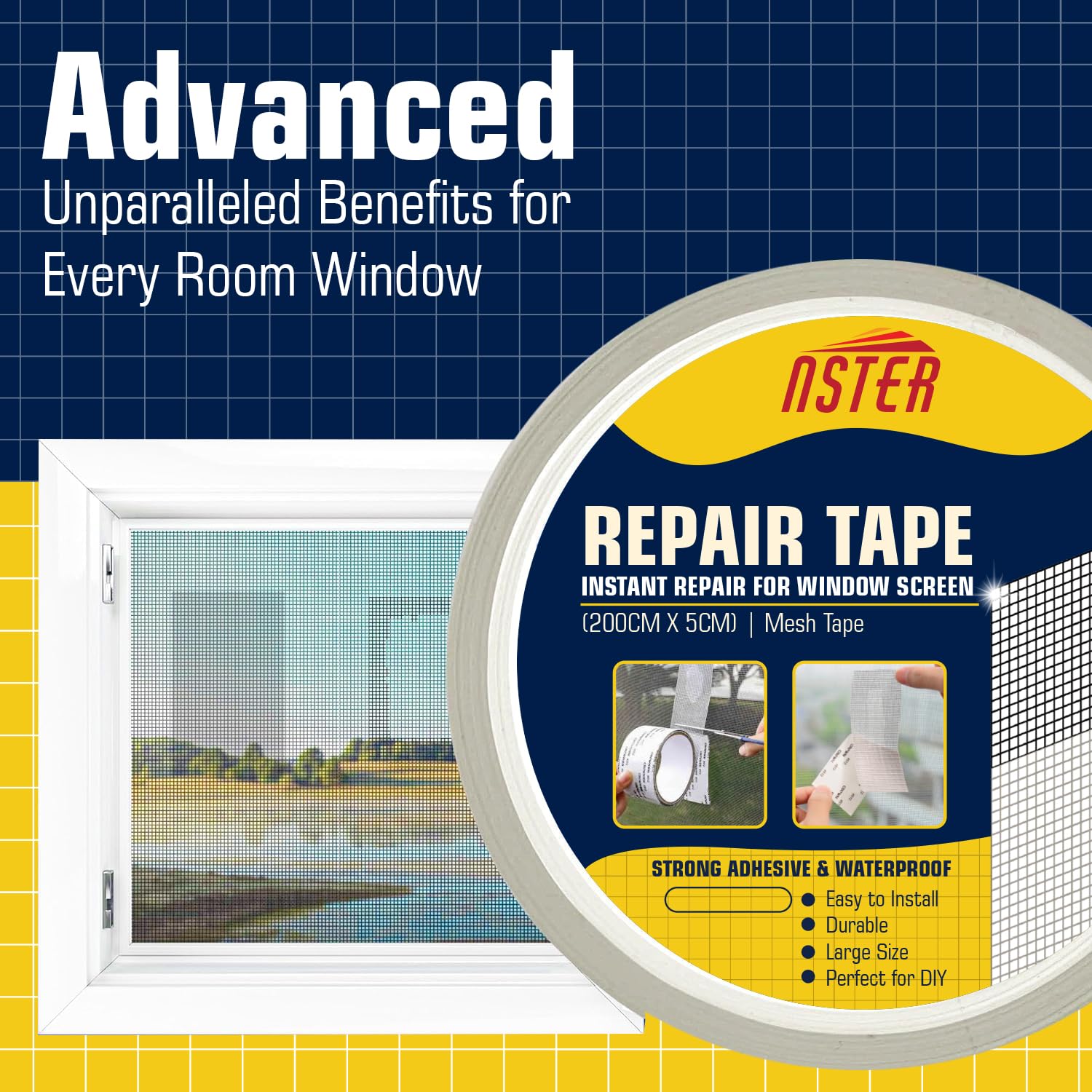 VIVNITS Mosquito Net Repair Tape (200cm x 5cm) β Self Adhesive Fiberglass Mesh Patch Roll for Window & Door Screen Repair, Fix Broken Net Holes, Durable & Strong, Pack of 1 (200Cm X 5CM) 2