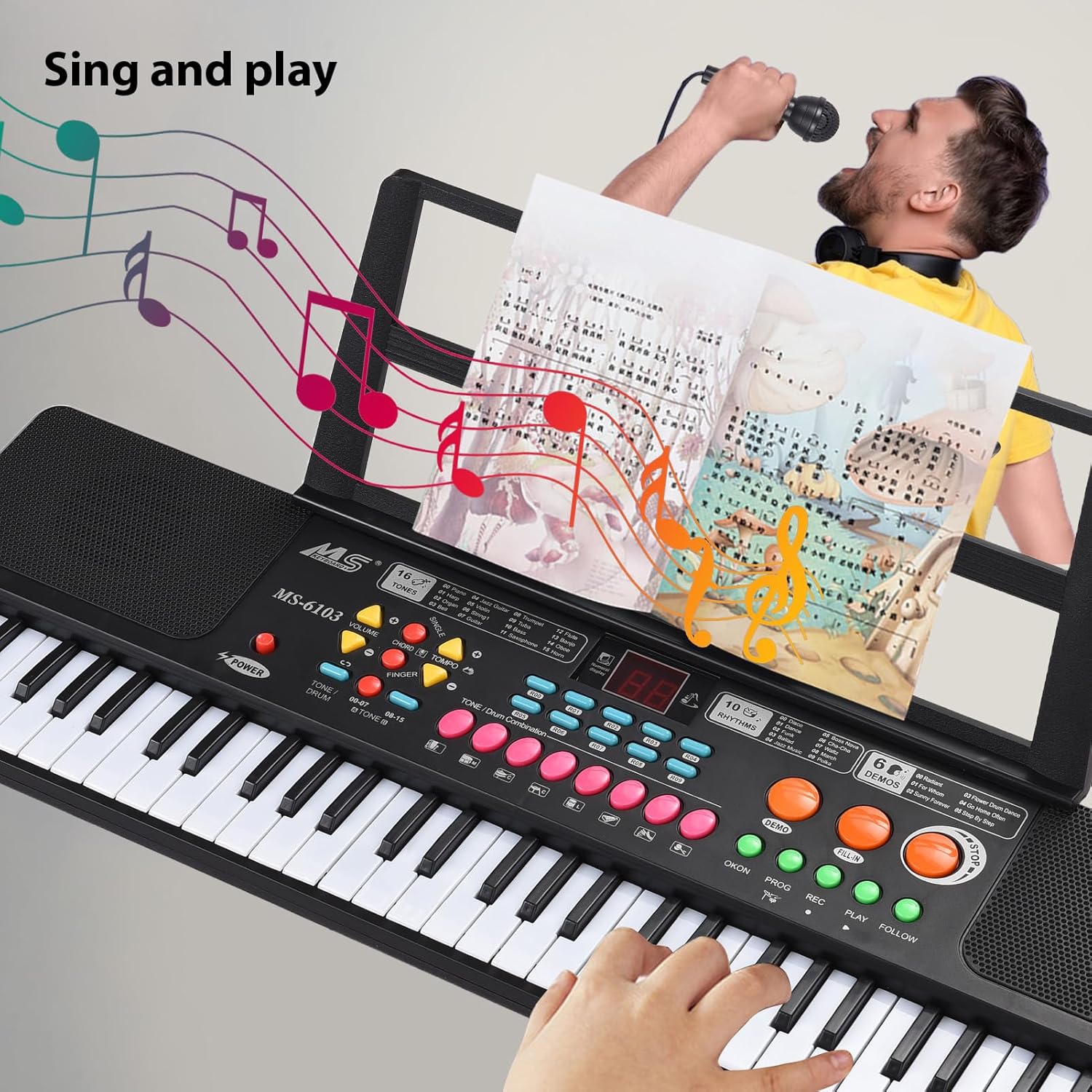 HUIOP 61 Key Electronic Keyboard Piano Dual Speaker 16 Tones 10 Rhythms 6 Demo Musical Instrument with Microphone and Music Score Stand Portable Music Piano Keyboard for Beginners Keyboards Piano