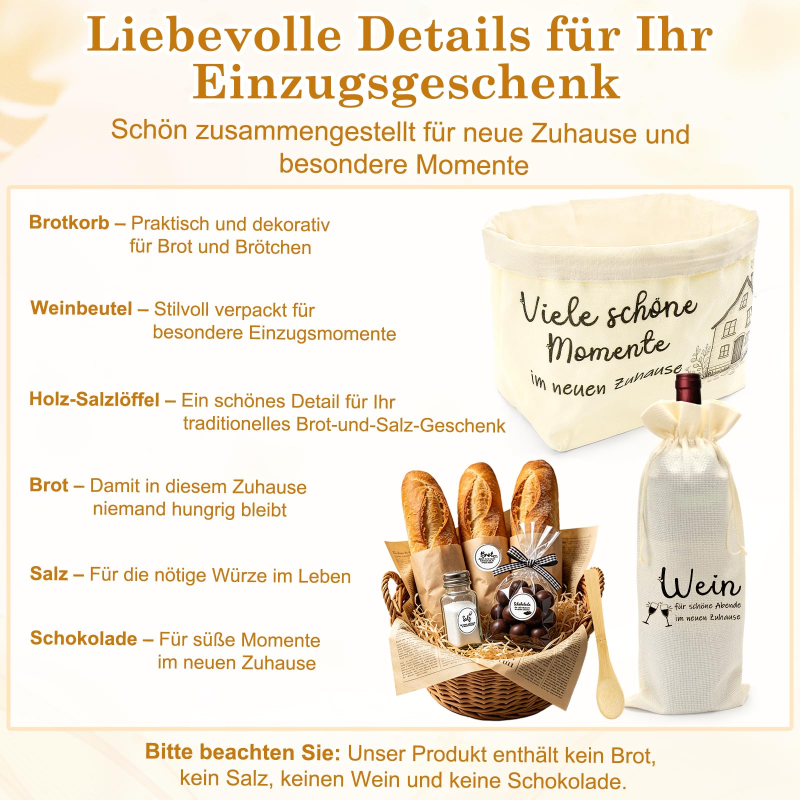 WALLFID Einzugsgeschenke Wohnung,Geschenk Zum Einzug Beinhaltet Brotkorb,Weinbeutel,Holz-Salzlöffel,Sticker für Brot,Salz & Schokolade,Viele schöne Momente im neuen Zuhause