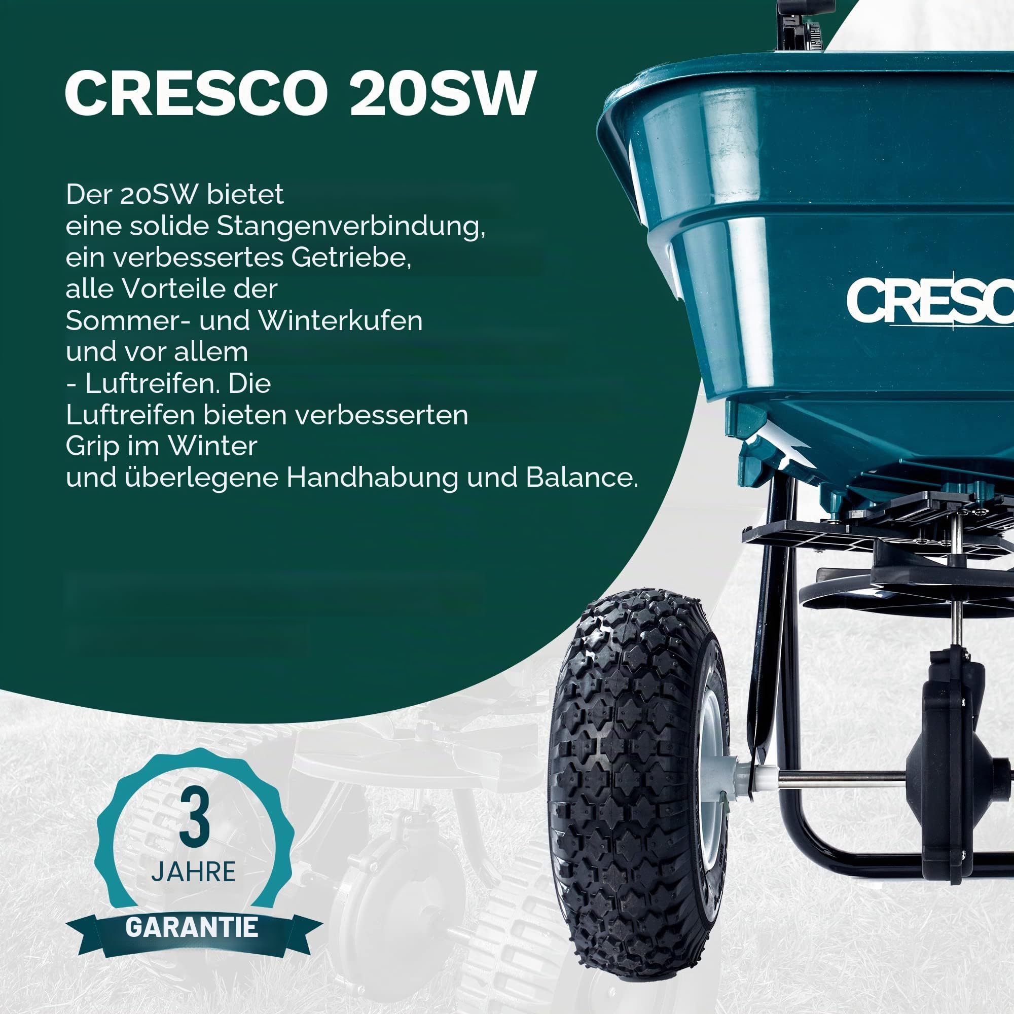 CRESCO 20 Dünger, Salz- und Samenstreuer – CR20SW Rollen-Grüner Roller | Easy Push Streuer | für Rasen- und Gartenpflege | Einstellbare Streumuster-Kontrolle | Kompletter schwerer bis leichter