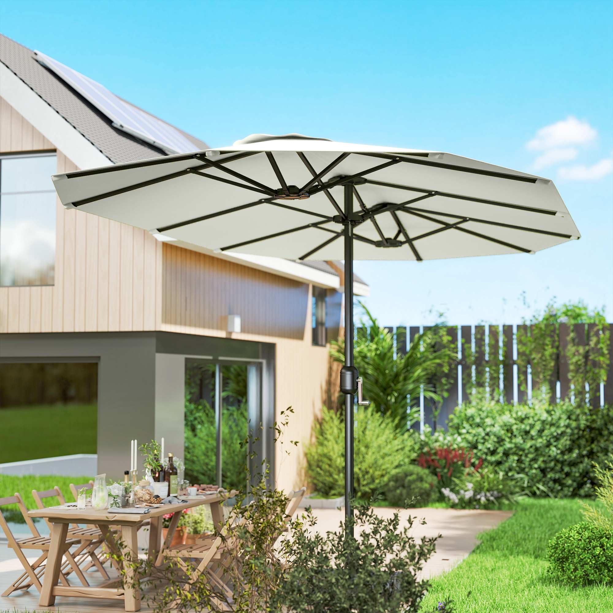 Outsunny Sombrilla Doble 4,6x2,6 m con Manivela Manual UV50+ Blanco | Sombrilla Terraza Exterior, Funda Protectora, Resistente al Agua, Parasol para Jardín, Terraza, Patio
