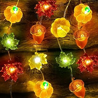 TURNMEON 13 FT 40 LED Lights Fall Decoration, 3D Fall Pumpkin Maple Acorns 3 in 1 Strings Lights Thanksgiving Decorations Battery Operated Fall Garland Lights Autumn Halloween Decor Home Indoor Party