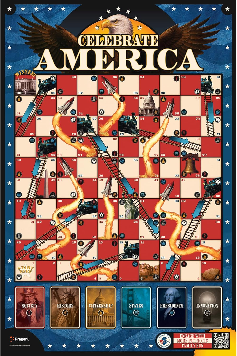 PragerU: Celebrate America - Race to The White House Board Game, USA Trivia Game, America’s 250th Anniversary Edition, Families & Kids 8+, 2+ Players, Made in America