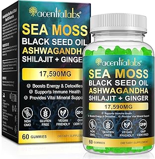 Sea Moss, Black Seed Oil, Ashwagandha & Shilajit Gummies with Ginger, Elderberry, Chlorophyll, Turmeric & Bladderwrack | 1...