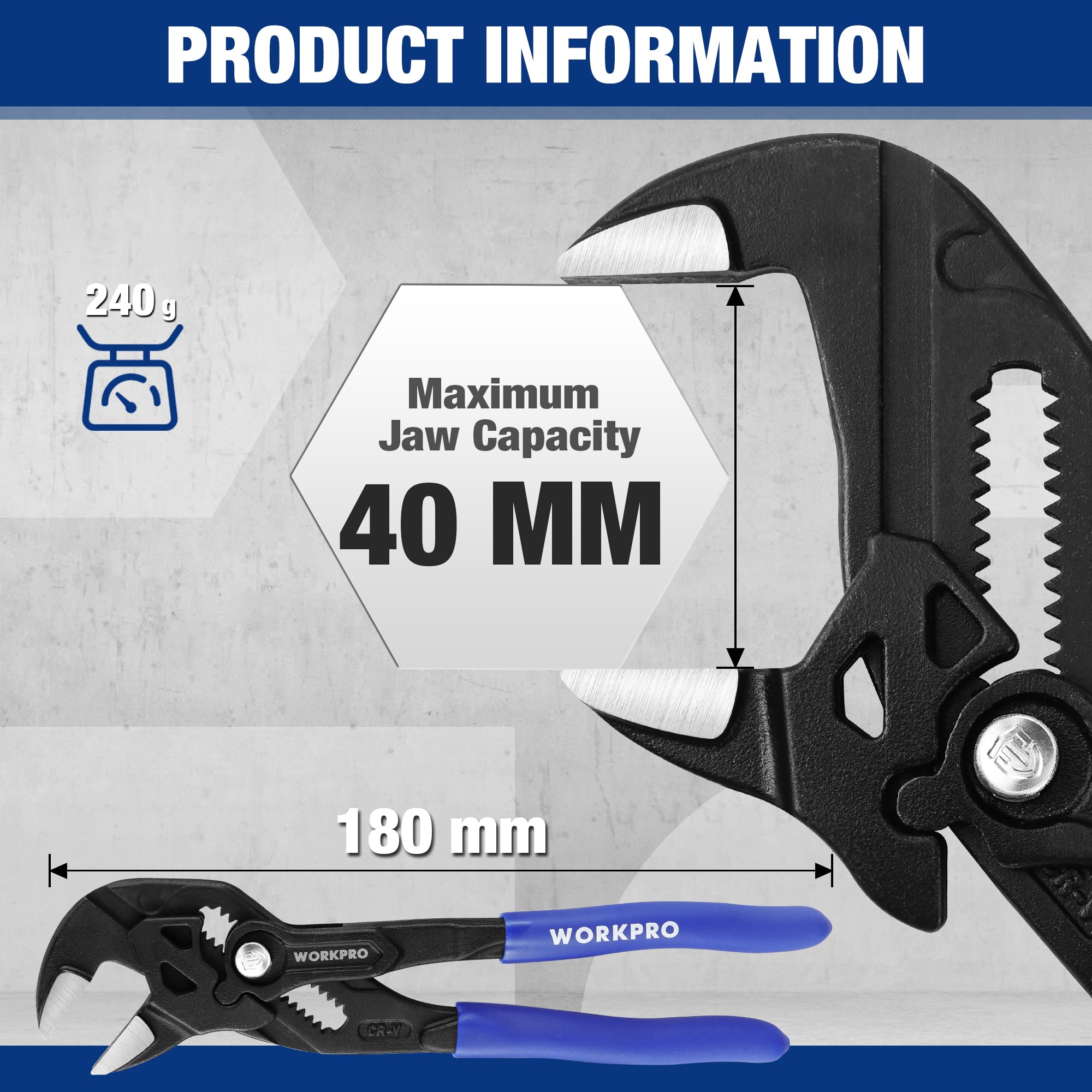 WORKPRO 180 mm Adjustable Pliers Wrench, Adjustable Spanner, Water Pump Pliers - Image 2
