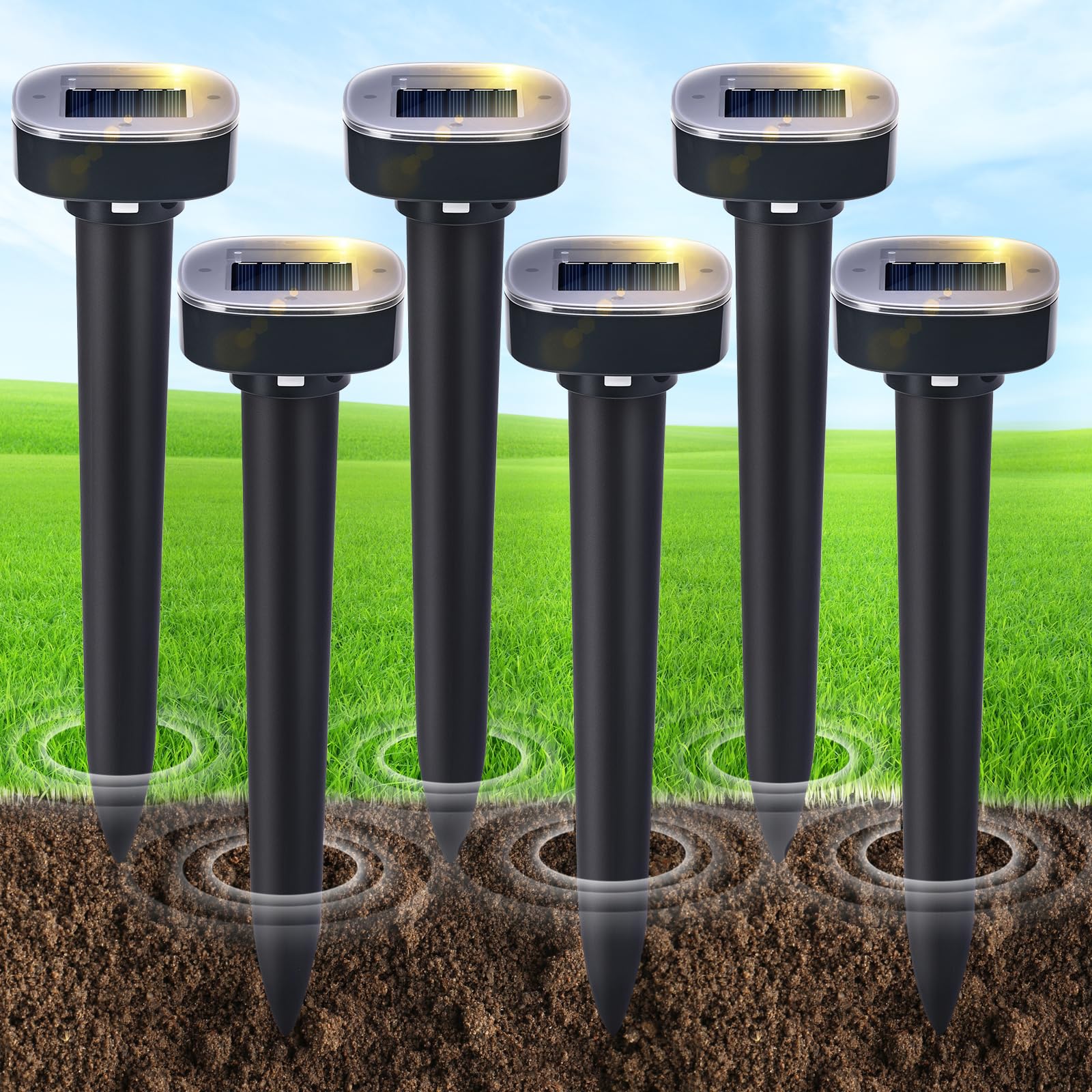 6 pack mole repellent solar powered, snake & skunk & vole & gopher & armadillo & rabbit & groundhog & chipmunk & raccoon repellent for yard, ip65 waterproof ultrasonic deterrent for lawns garden