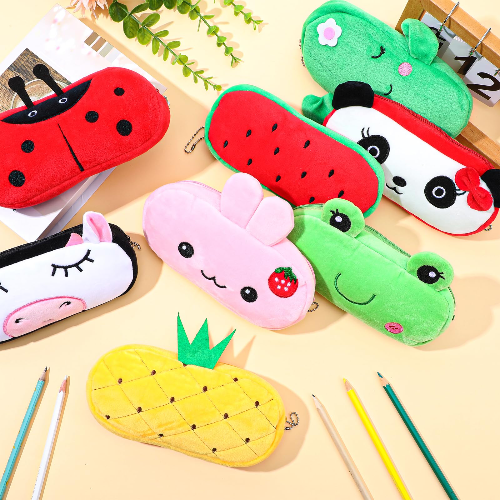 8 estuches para lápices de dibujos animados a granel, bonitos estuches con cremallera, cajas de lápices de animales y frutas, bolsa de lápices de felpa japonesa, bolsa de papelería kawaii