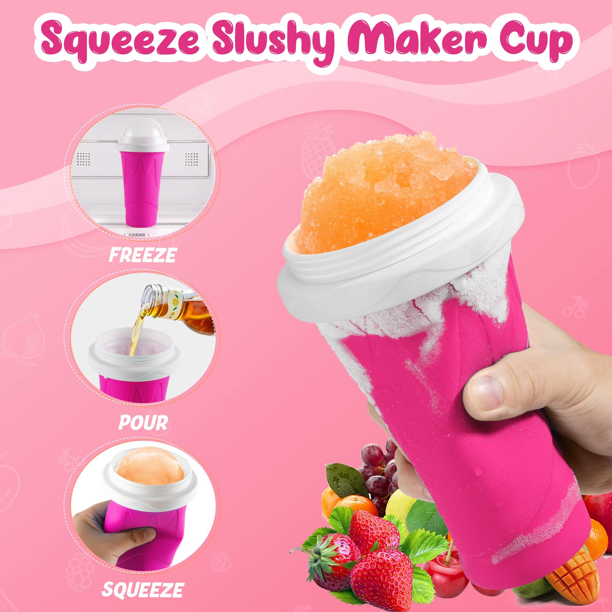 2 Pack Magic Squeeze Slushy Cups, DIY Frozen Slushie Maker Cup, Portable Smoothies Cups for Making Juice Shake Yogurt Ice Cream, Reusable Cooling Cup for Family and Friends(Blue+Pink)